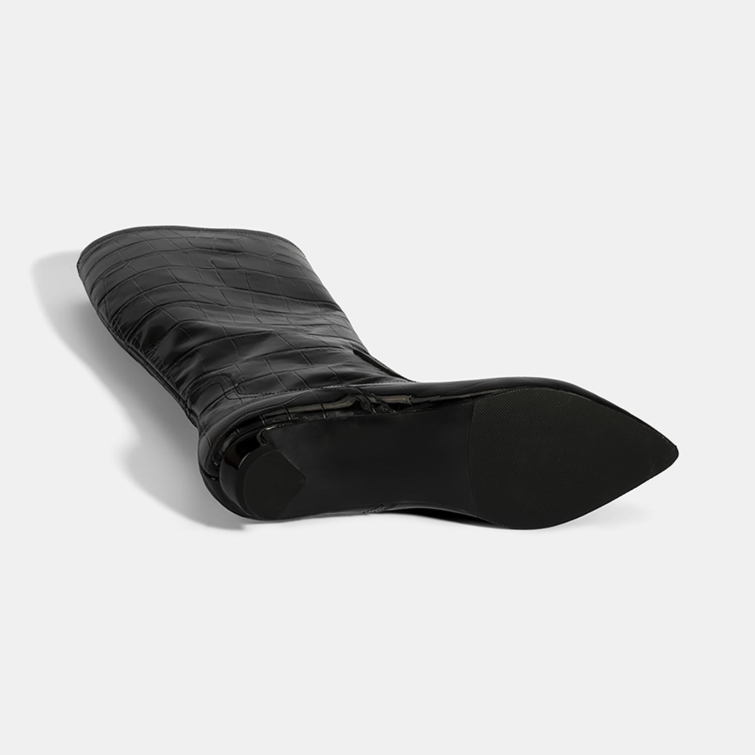 Kadın Siyah Kroko Baskılı İnce Topuklu Rugan Deri Çizme