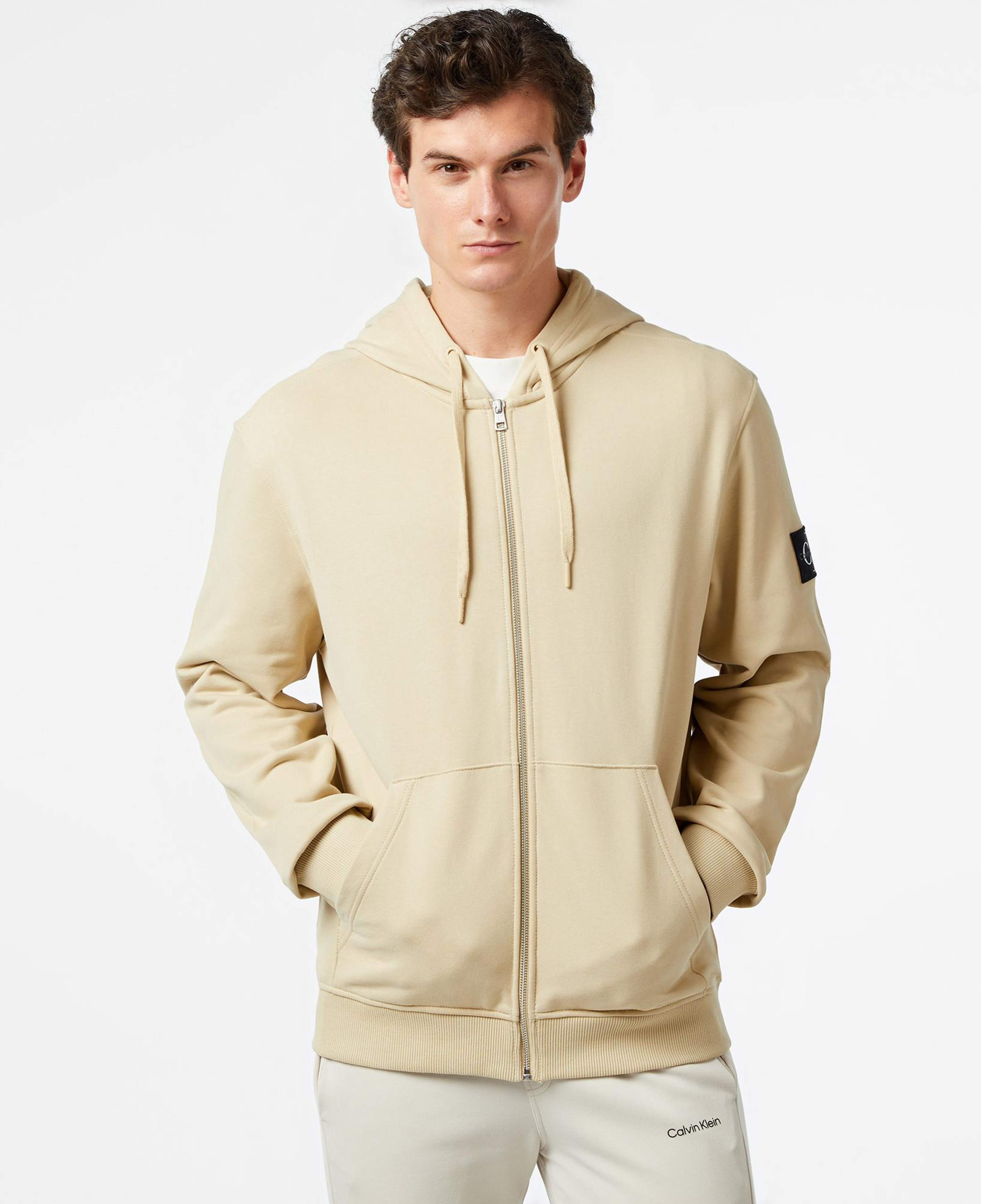 Calvin Klein Jeans Badge Zip Through Erkek Bej Hoodie