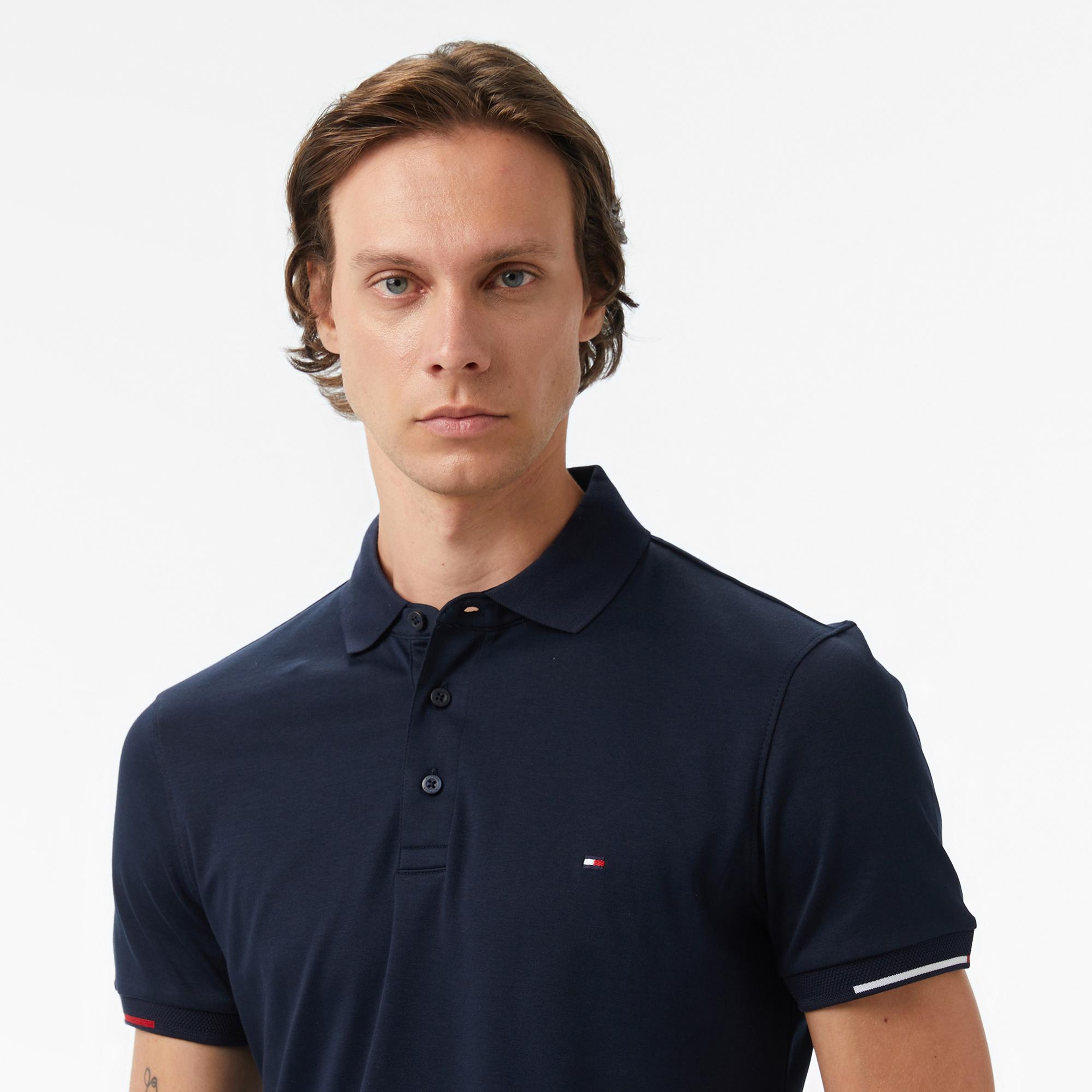 Tommy Hilfiger Interlock Flagcuff Slim Fit Erkek Lacivert Polo Yaka T-Shirt