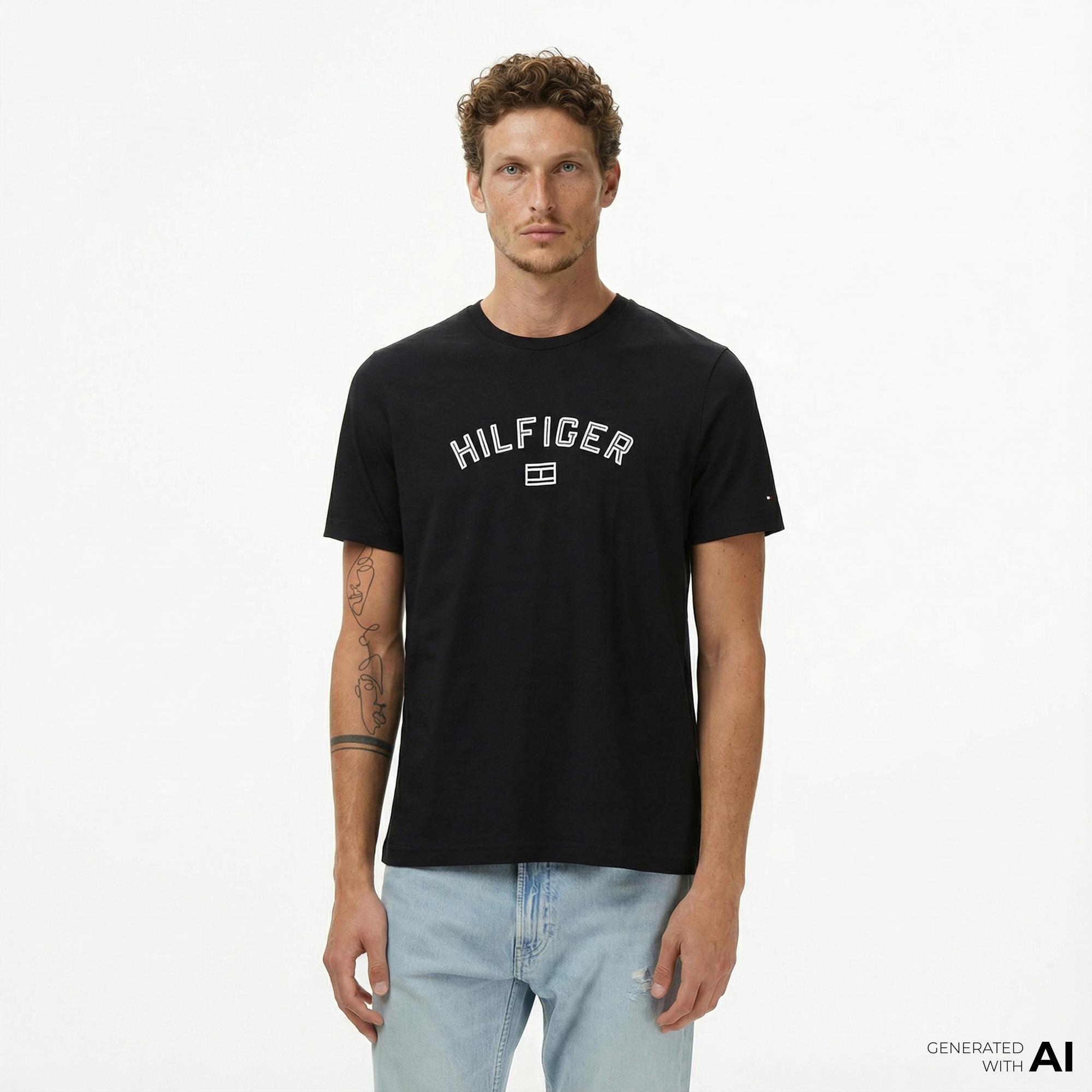 Tommy Hilfiger Flock Varsity Erkek Siyah T-Shirt