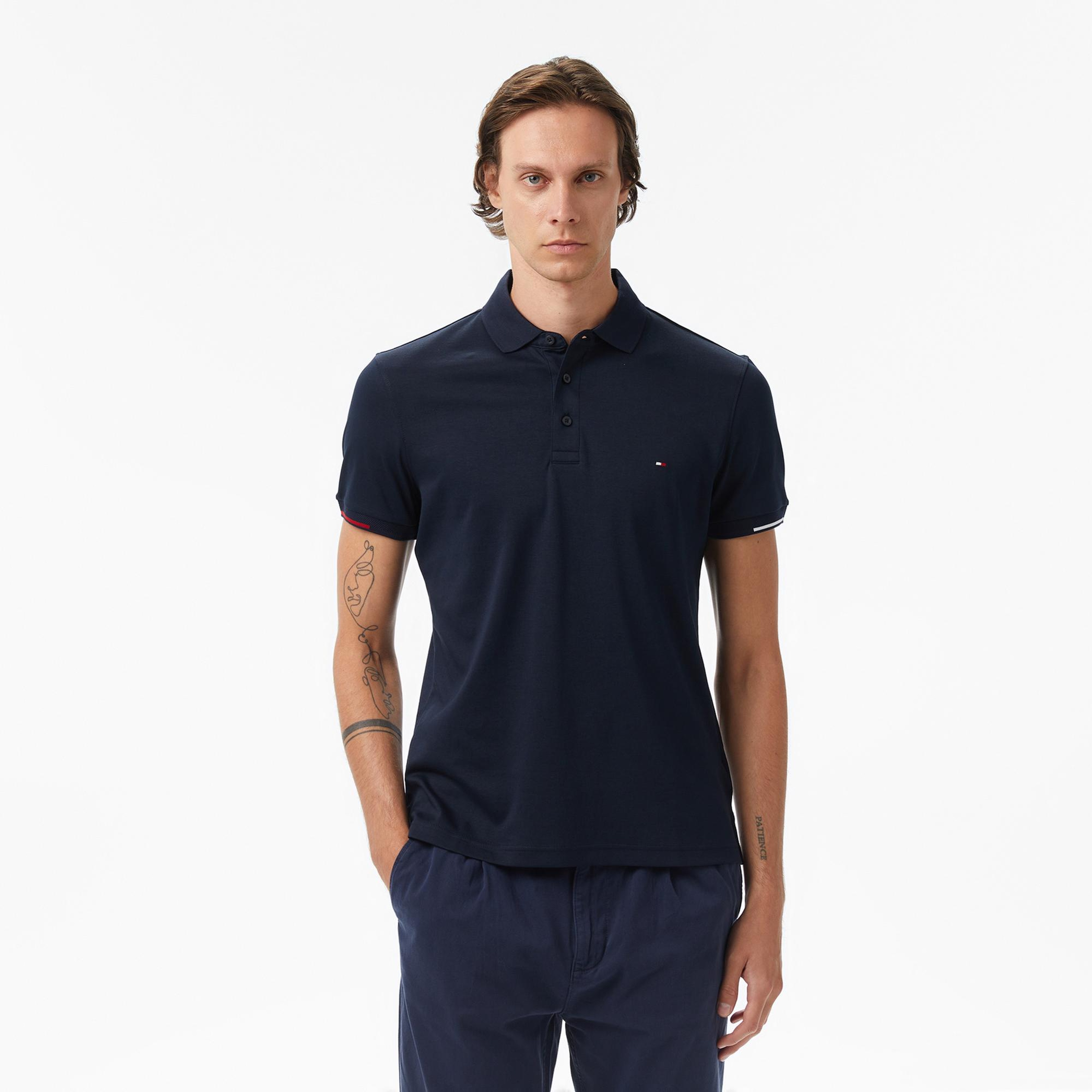 Tommy Hilfiger Interlock Flagcuff Slim Fit Erkek Lacivert Polo Yaka T-Shirt