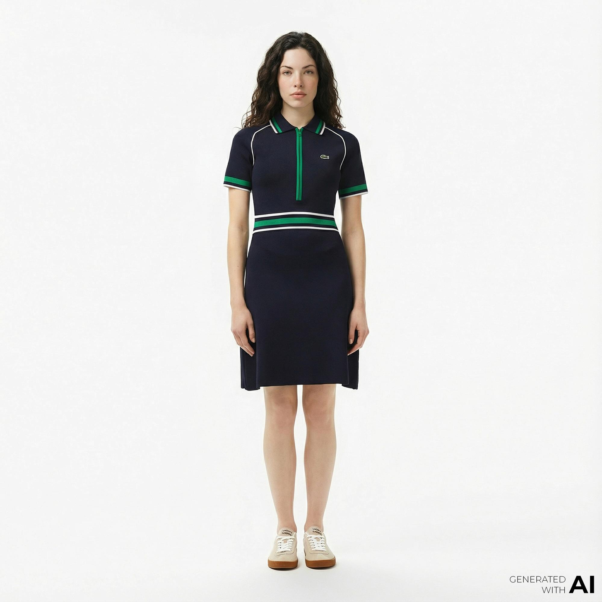 Lacoste Kadın Classic Fit Kısa Kollu Polo Yaka Renk Bloklu Lacivert Elbise