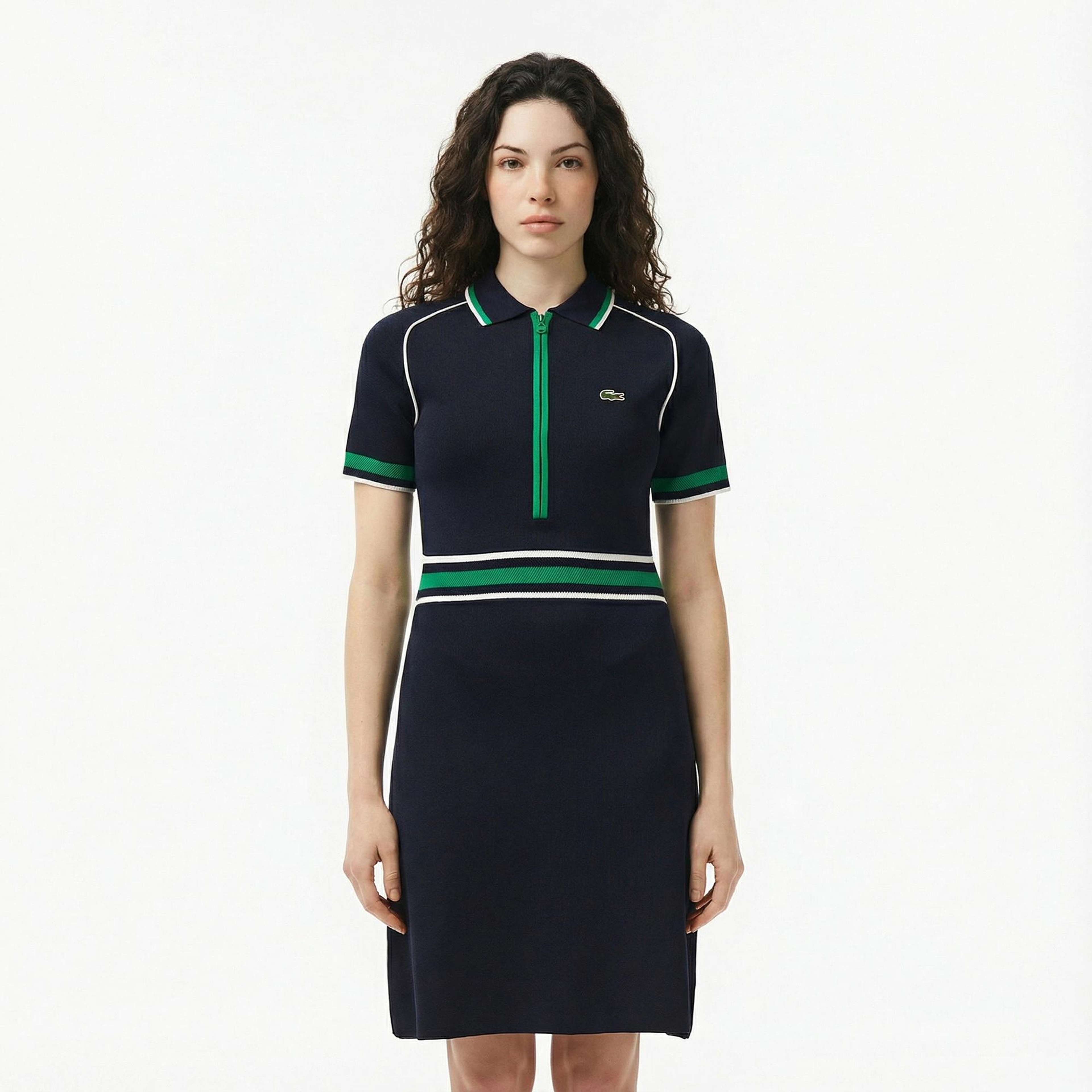 Lacoste Kadın Classic Fit Kısa Kollu Polo Yaka Renk Bloklu Lacivert Elbise