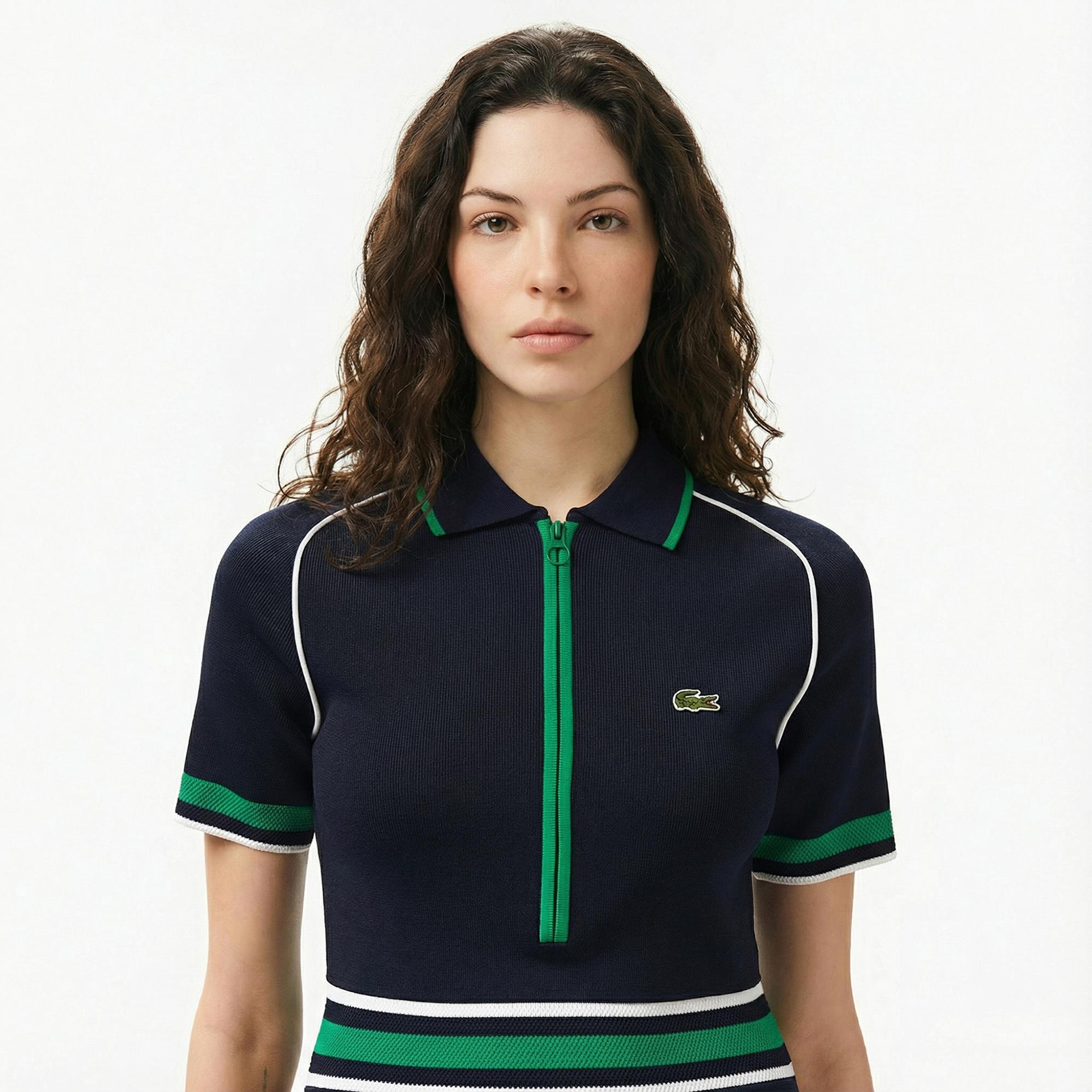 Lacoste Kadın Classic Fit Kısa Kollu Polo Yaka Renk Bloklu Lacivert Elbise