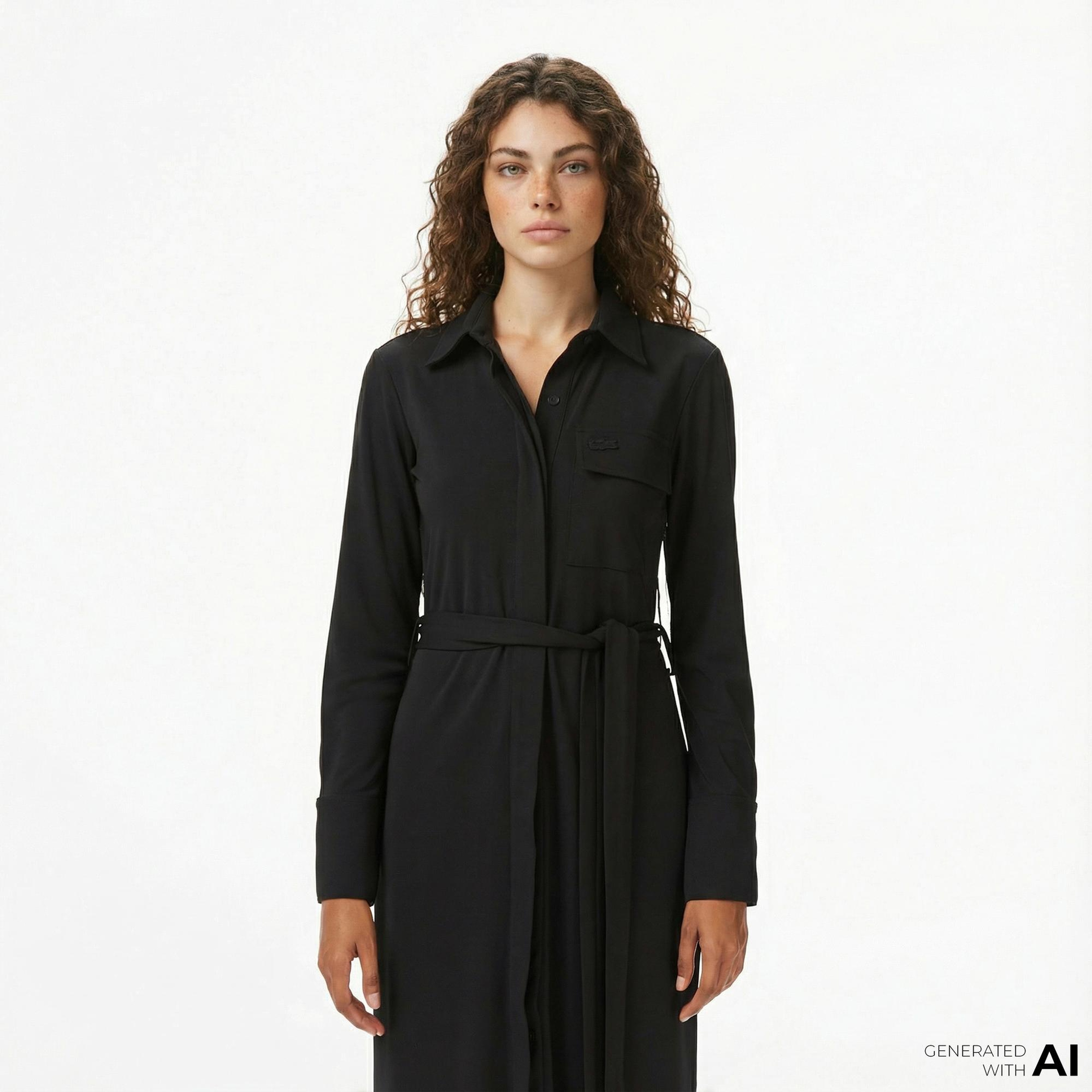 Lacoste Kadın Slim Fit Uzun Kollu Siyah Elbise