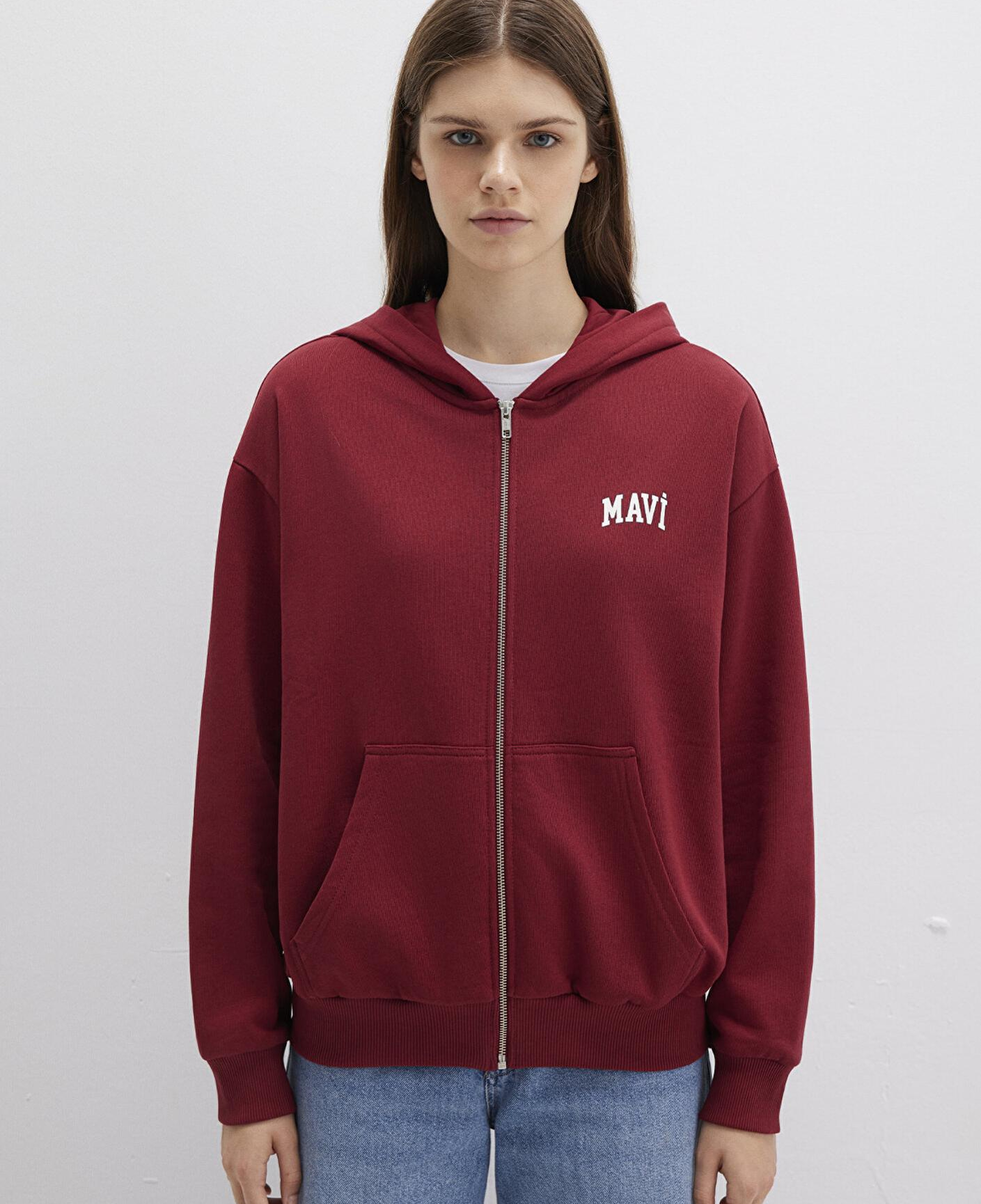 Mavi Mavi Logo Baskılı Kapüşonlu Fermuarlı Bordo Sweatshirt 1S10178-85493