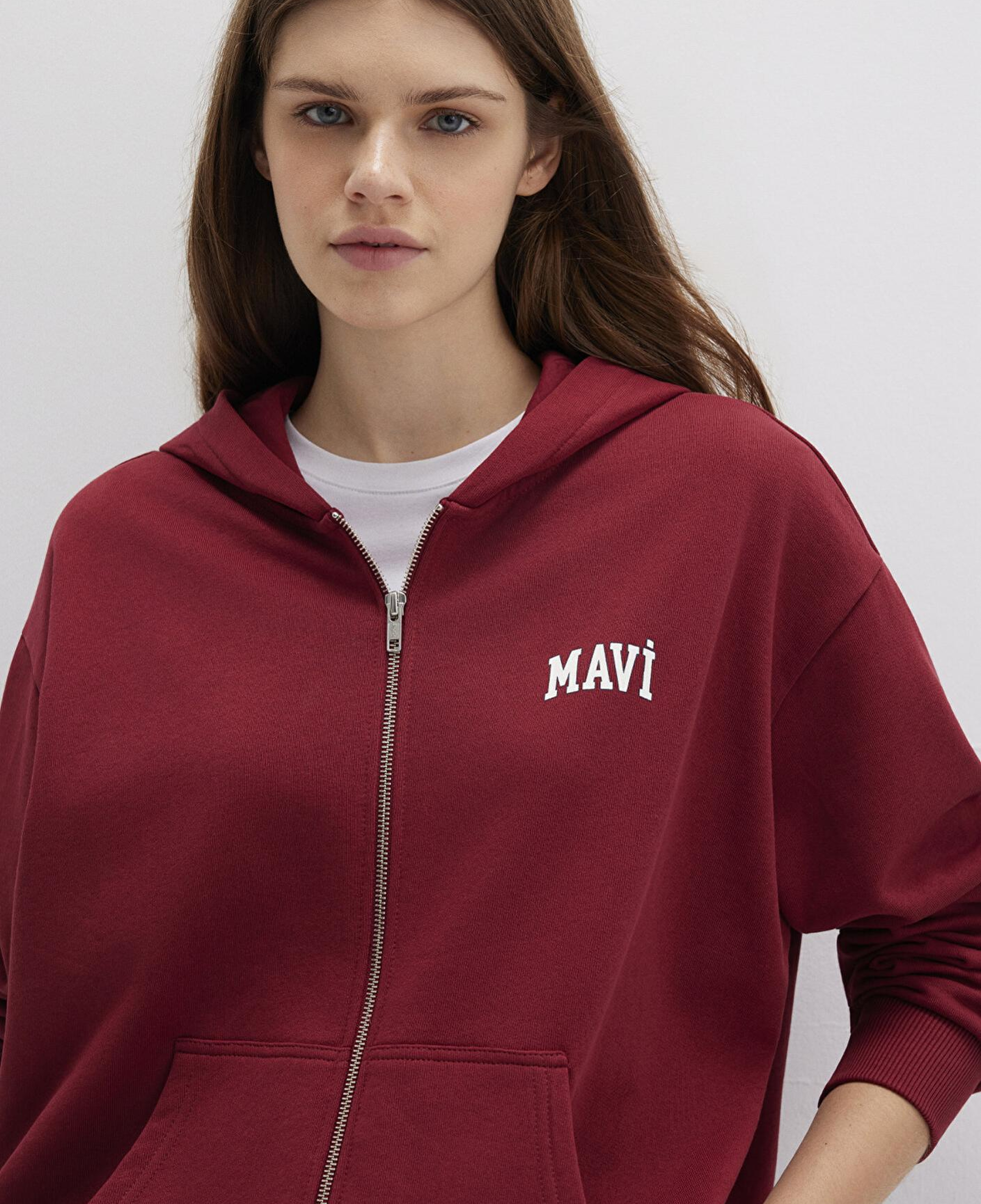Mavi Mavi Logo Baskılı Kapüşonlu Fermuarlı Bordo Sweatshirt 1S10178-85493