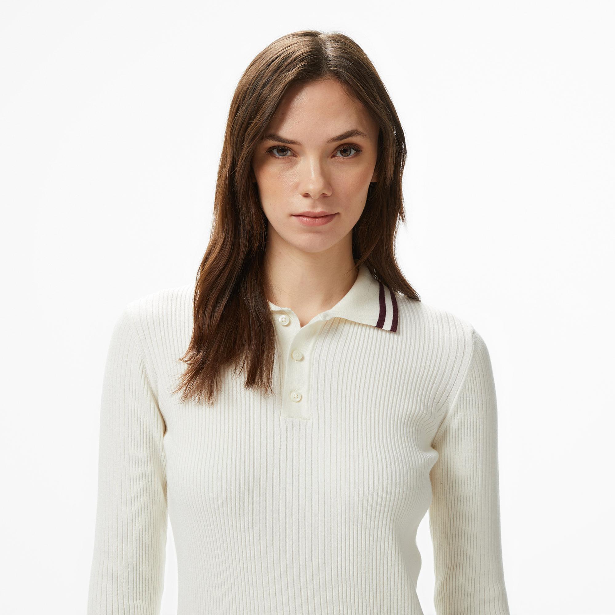 Nautica Kadın Krem Rengi Classic Fit Uzun Kollu Polo Yaka T-Shirt