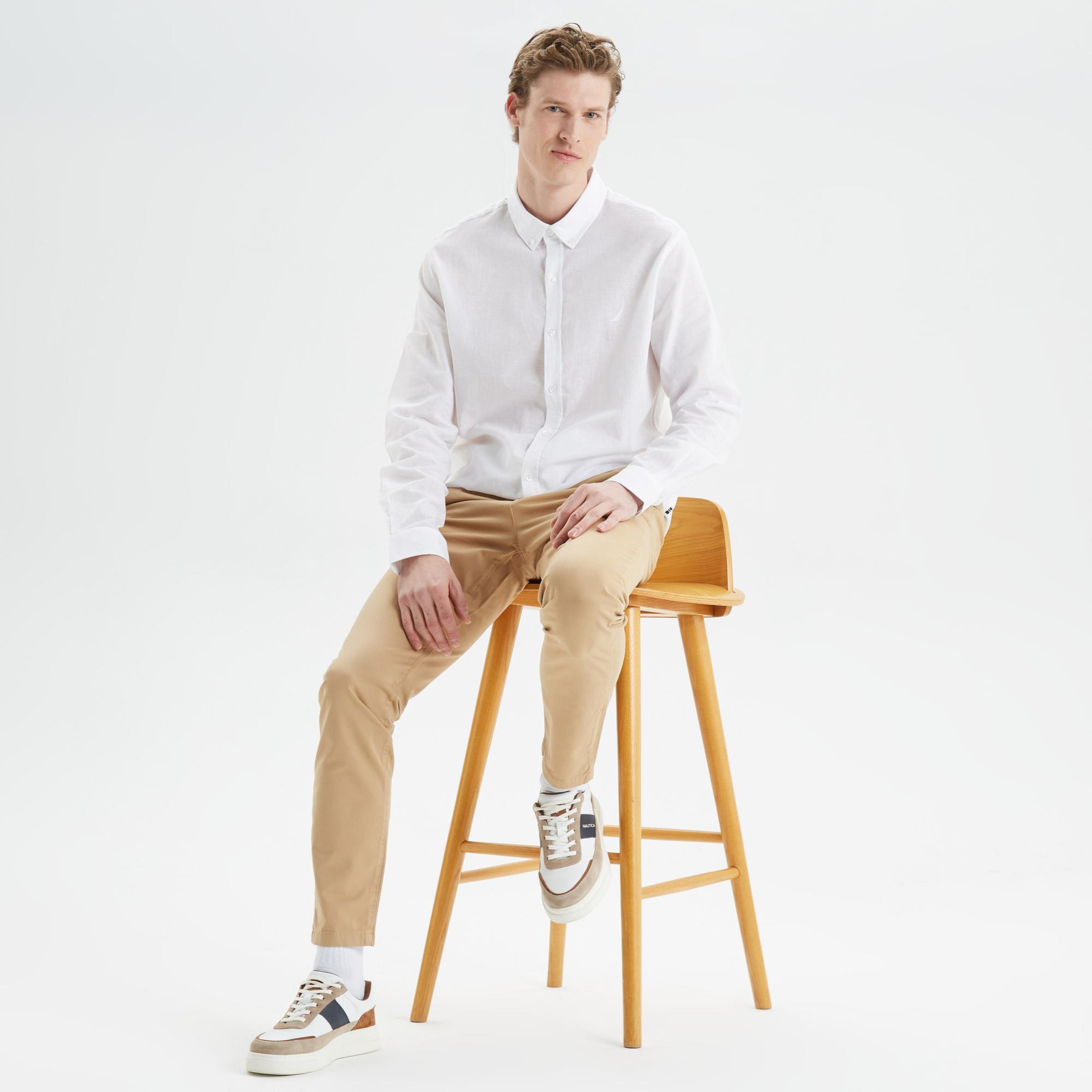 Nautica Erkek Beyaz Slim Fit Uzun Kollu Keten Gömlek