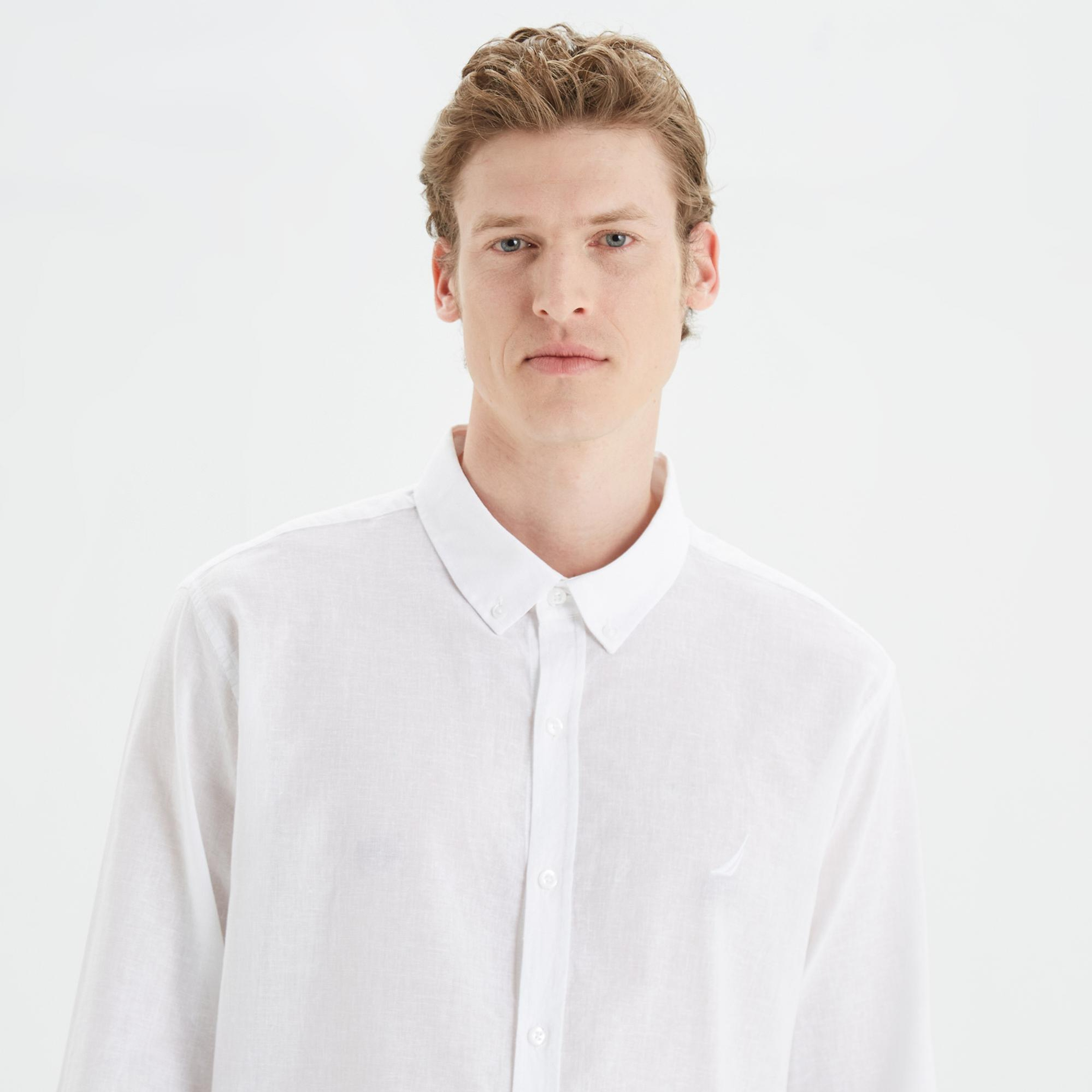 Nautica Erkek Beyaz Slim Fit Uzun Kollu Keten Gömlek