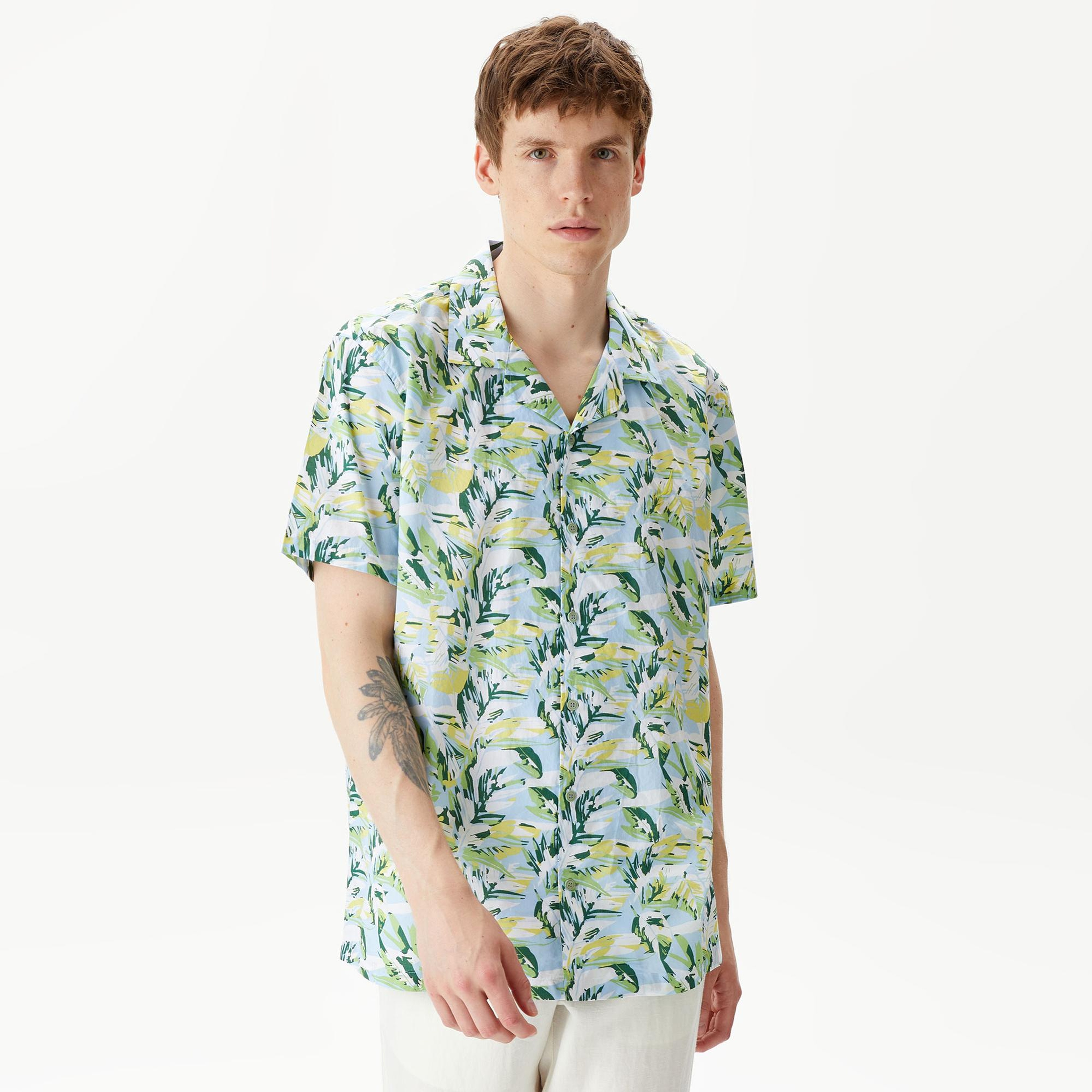 Nautica Erkek Mavi Classic Fit Kısa Kollu Desenli Gömlek