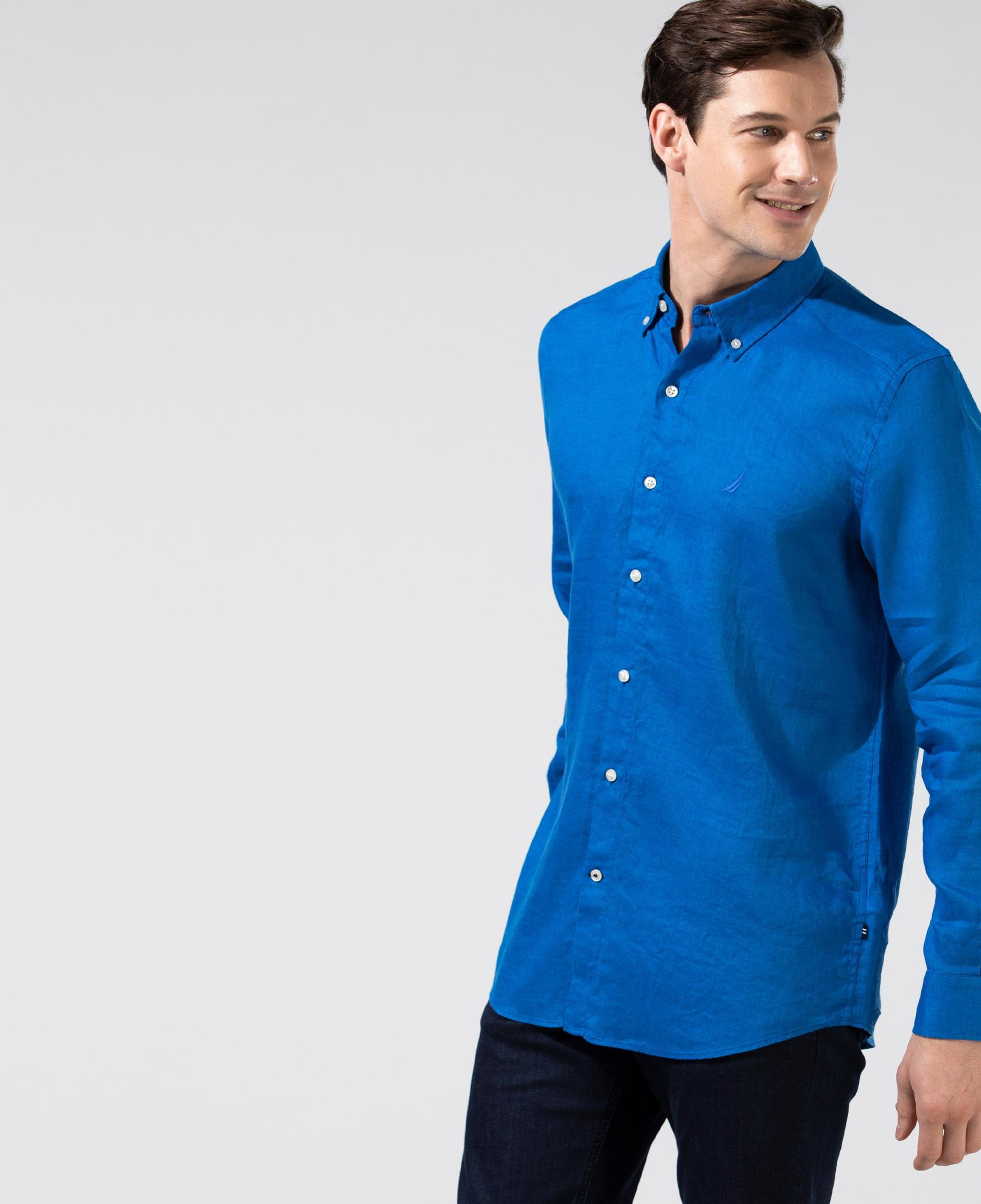 Nautica Erkek Mavi Classic Fit Uzun Kollu Keten Gömlek