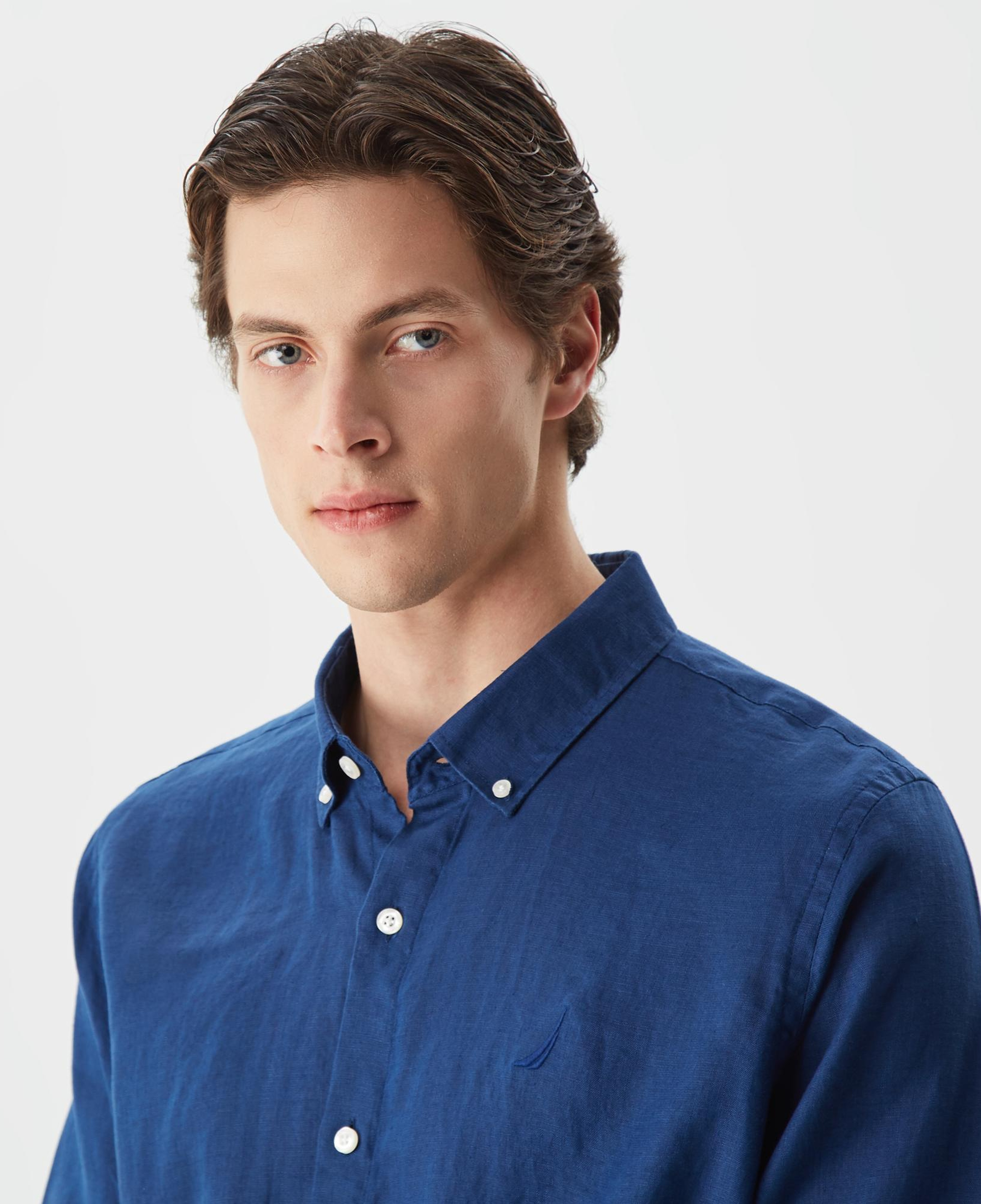 Nautica Erkek Lacivert Classic Fit Uzun Kollu Keten Gömlek