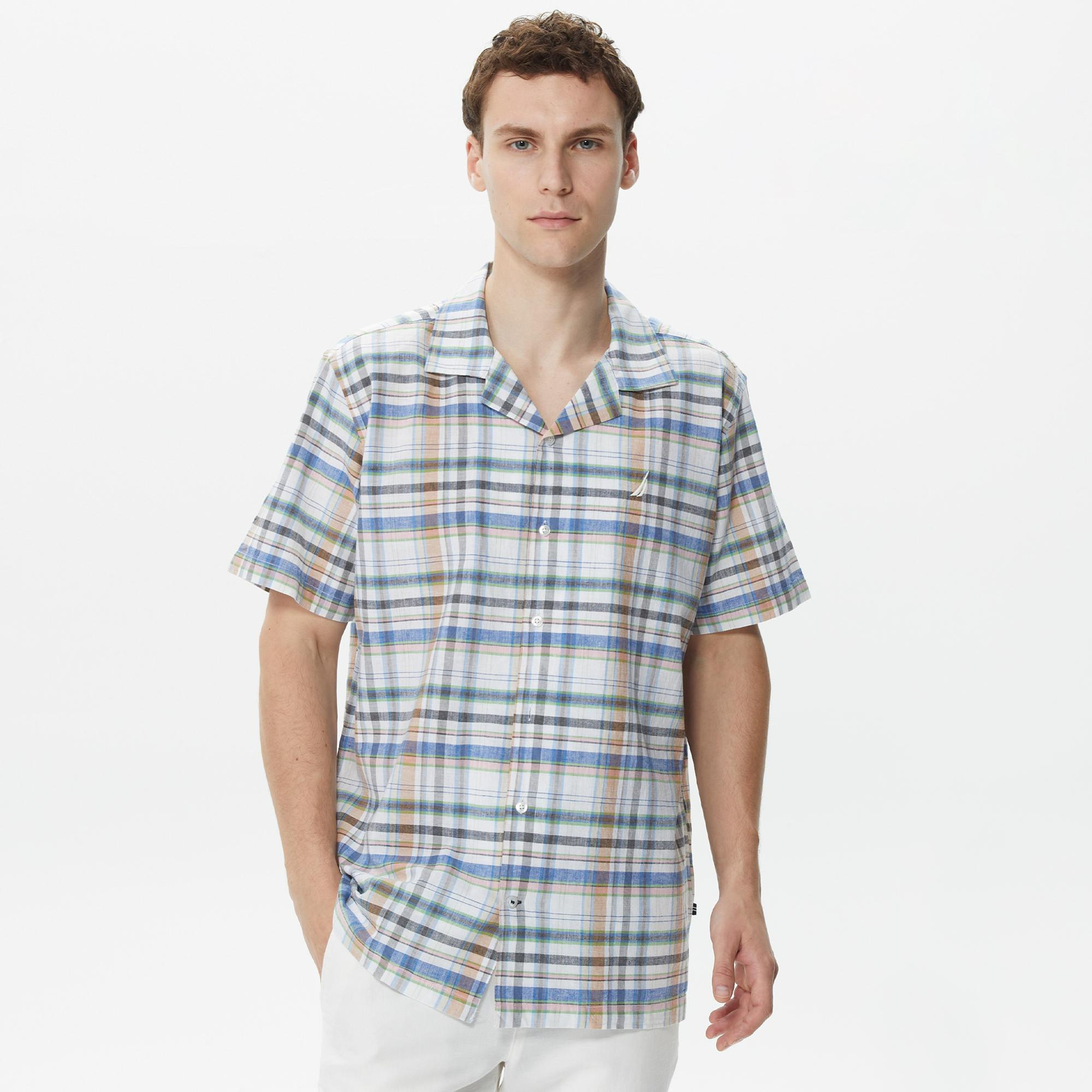 Nautica Erkek Krem Rengi Classic Fit Kısa Kollu Keten Gömlek