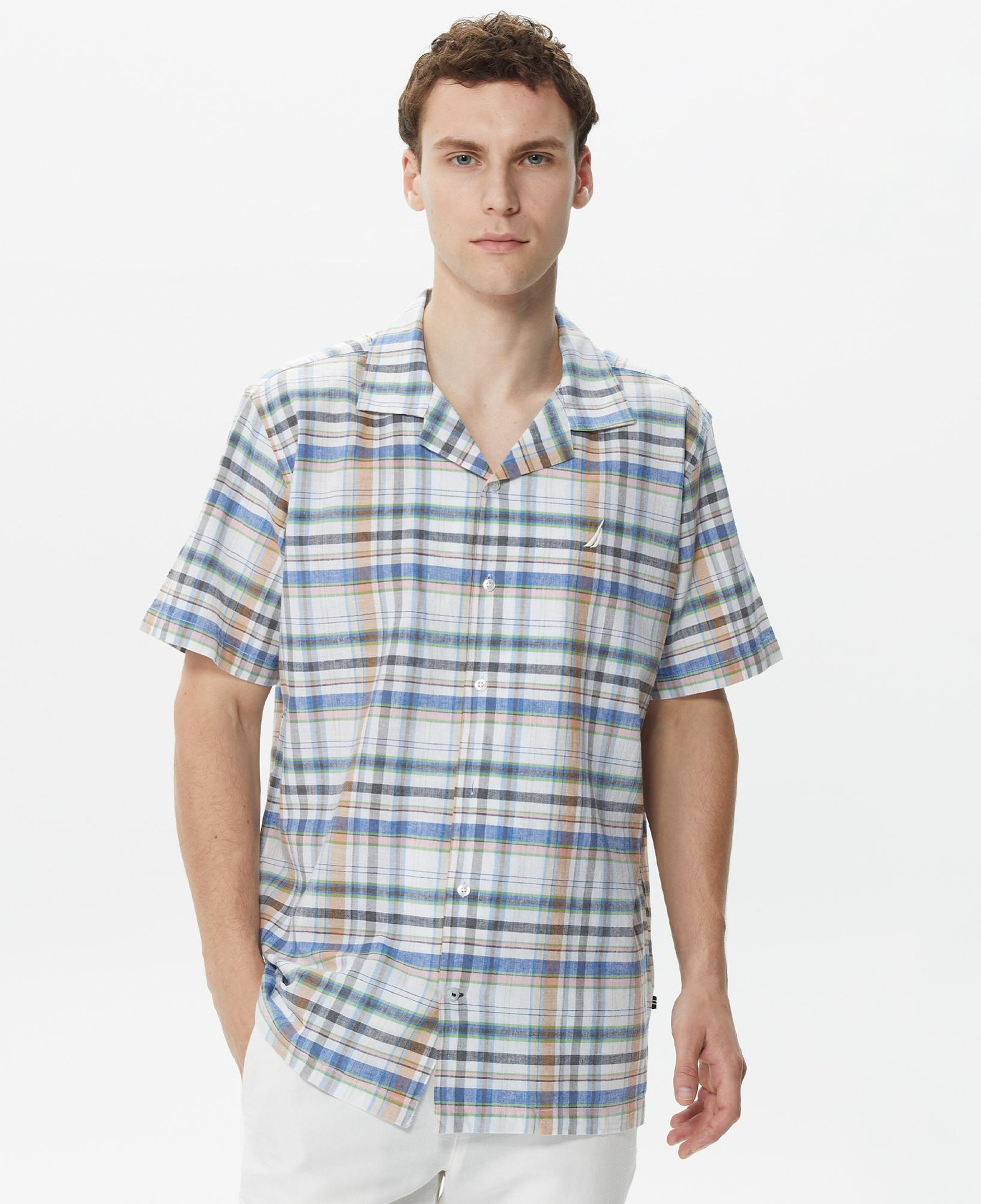 Nautica Erkek Krem Rengi Classic Fit Kısa Kollu Keten Gömlek