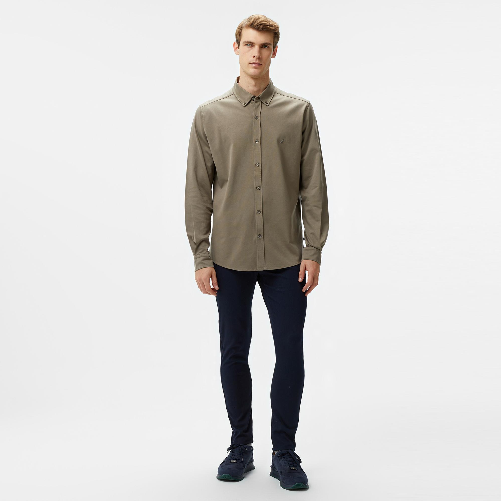 Nautica Erkek Haki Slim Fit Uzun Kollu Gömlek