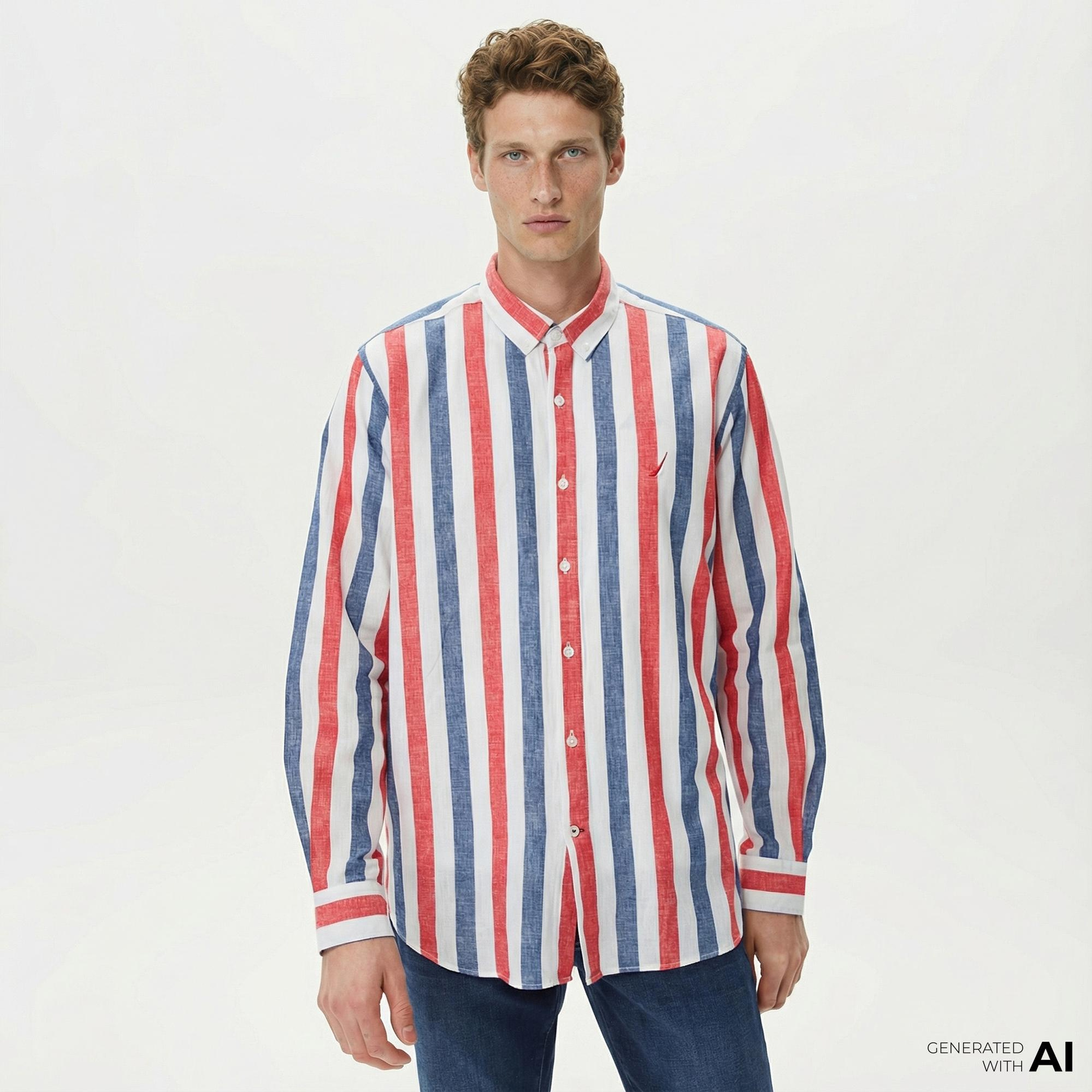 Nautica Erkek Kırmızı Classic Fit Uzun Kollu Keten Gömlek