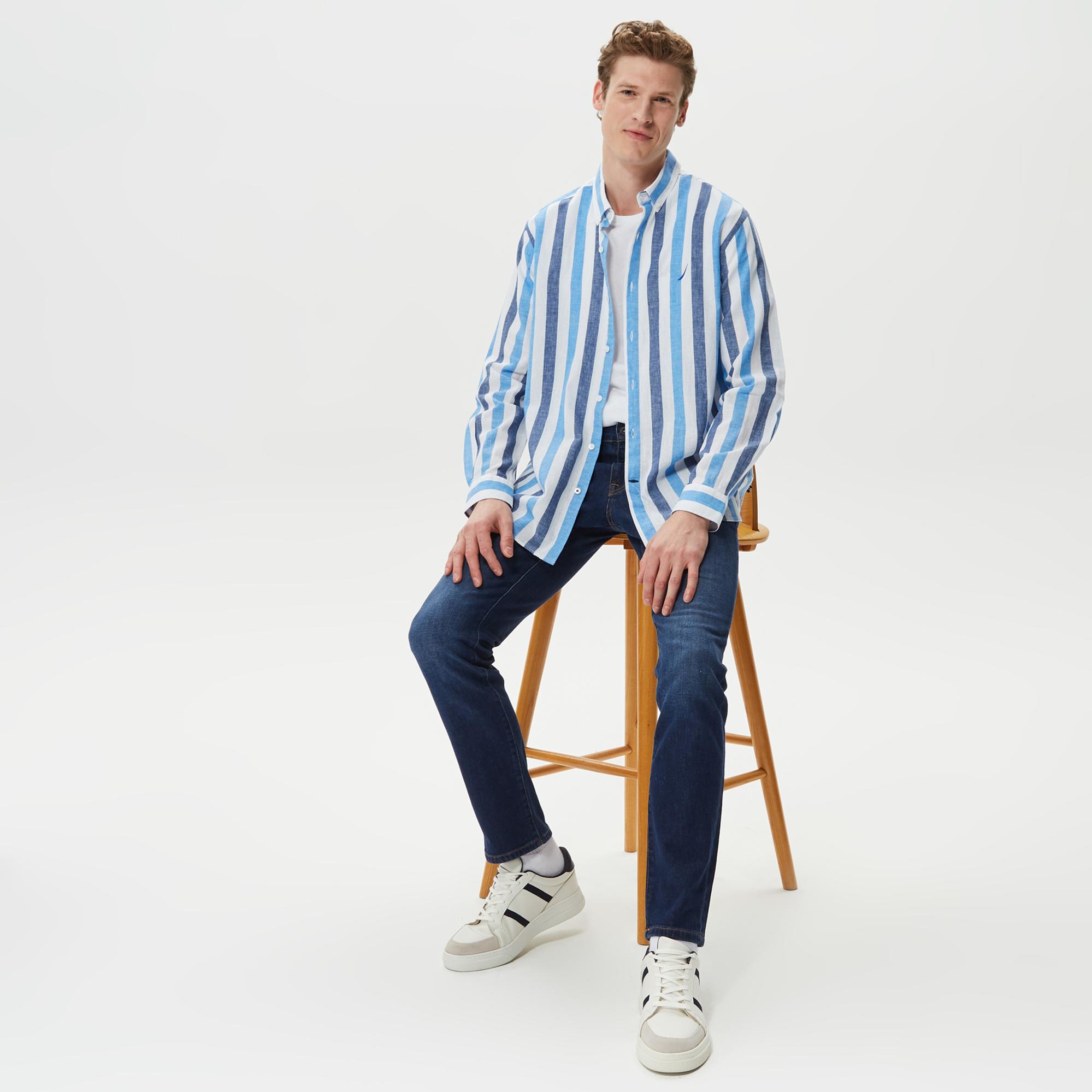 Nautica Erkek Mavi Çizgili Classic Fit Uzun Kollu Keten Gömlek