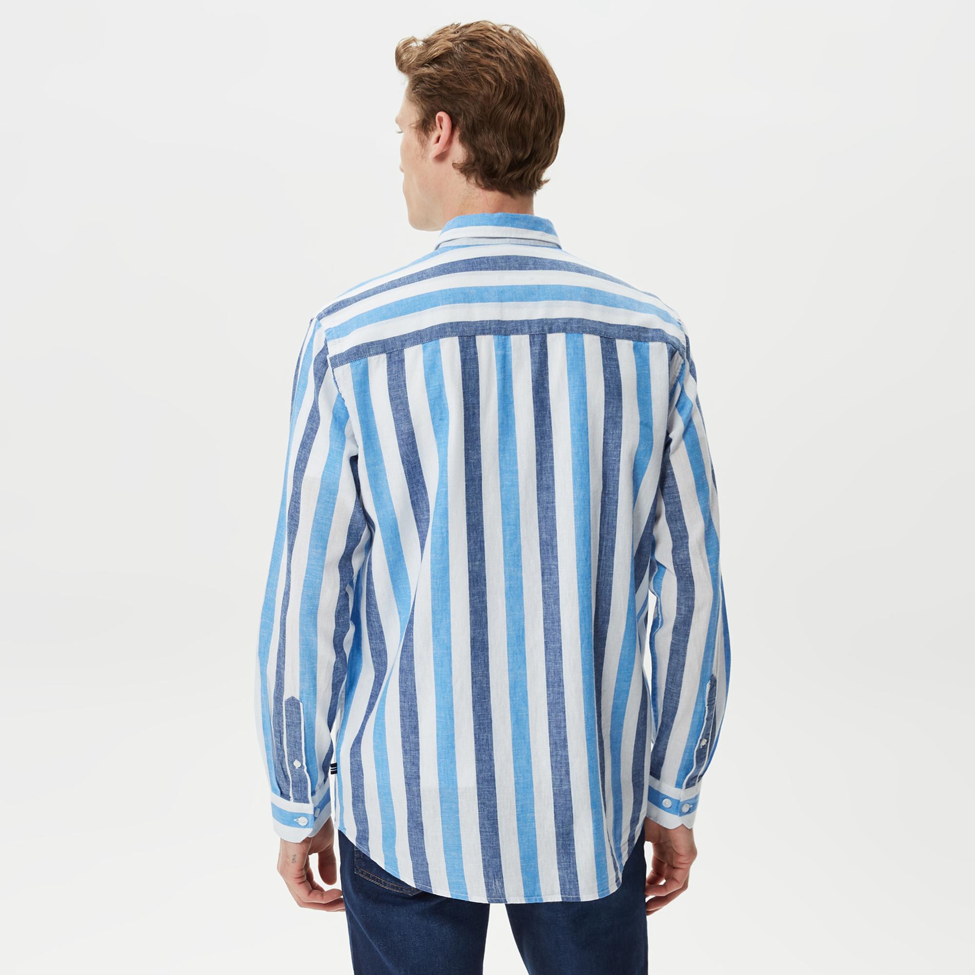 Nautica Erkek Mavi Çizgili Classic Fit Uzun Kollu Keten Gömlek