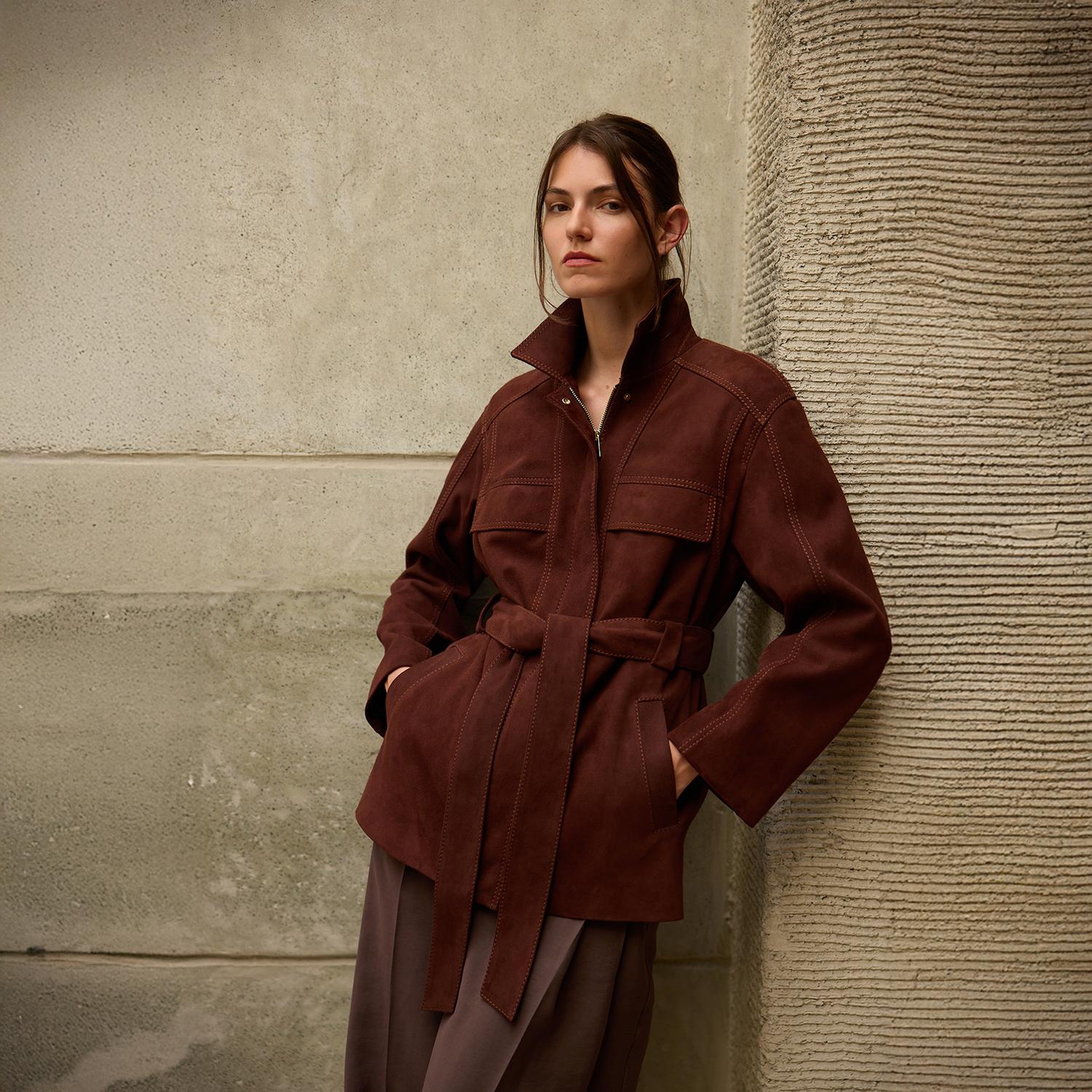 Kadın Bordo Fermuarlı Süet Trençkot