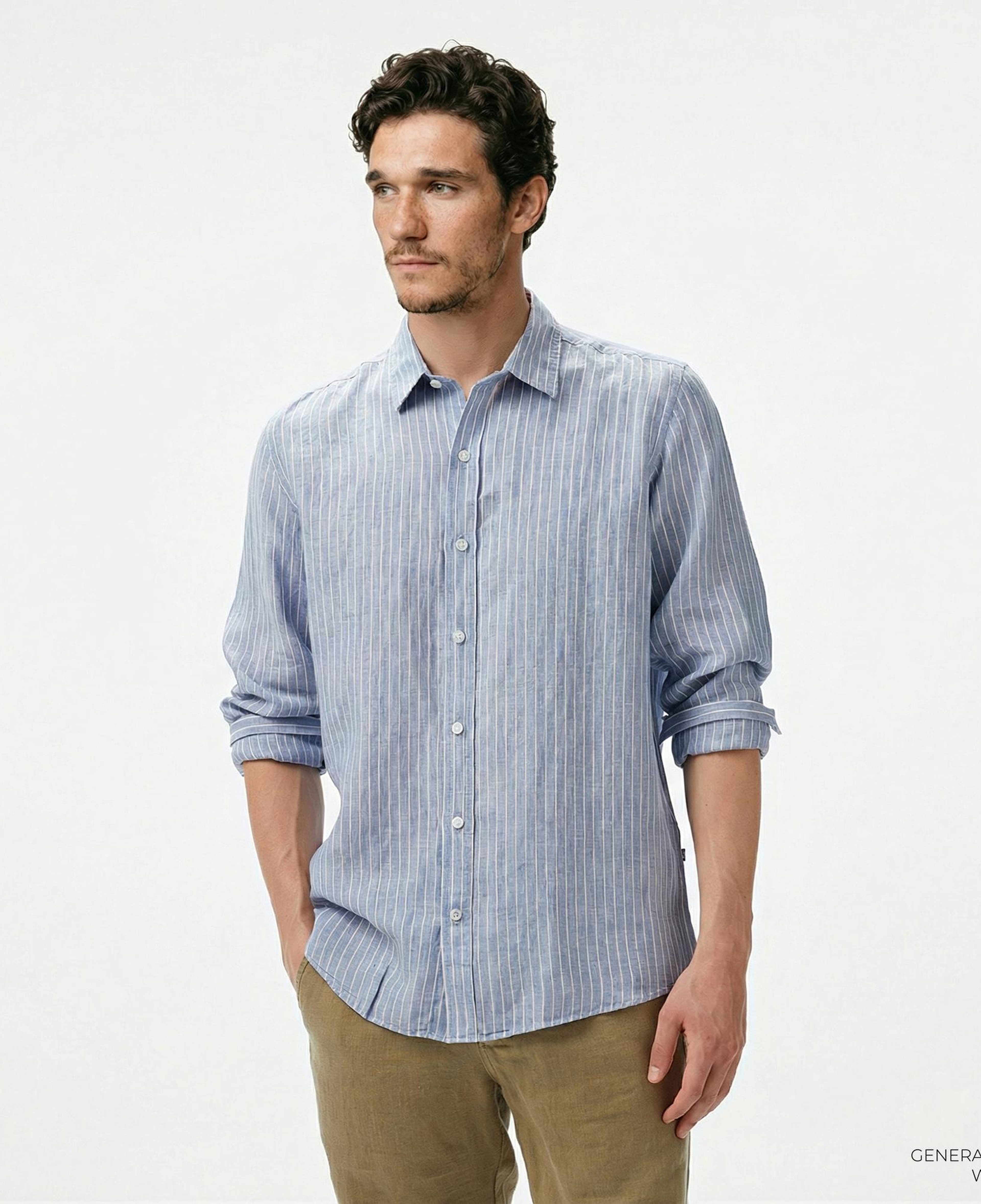 Nautica Erkek Mavi Classic Fit Çizgili Keten Gömlek