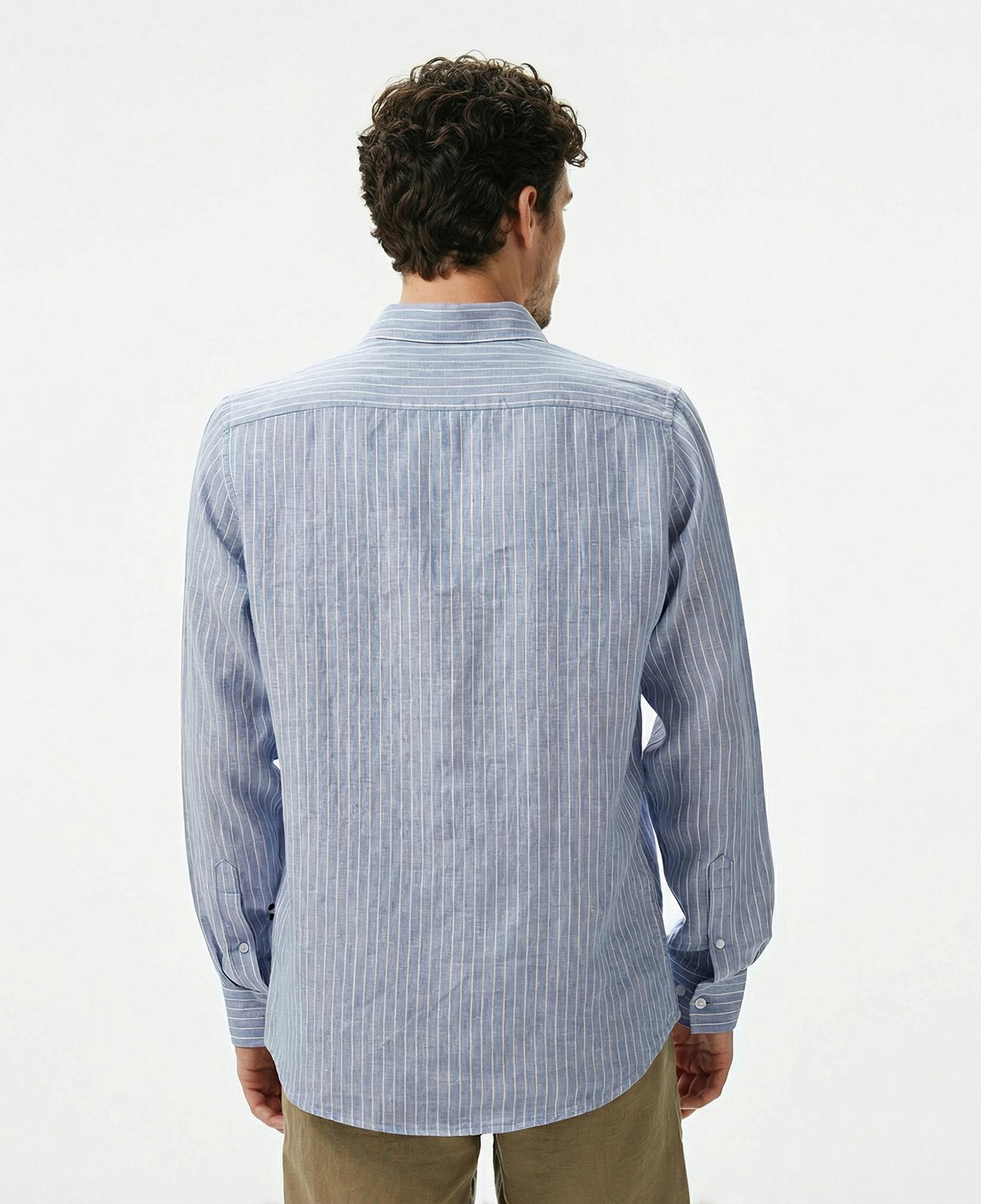 Nautica Erkek Mavi Classic Fit Çizgili Keten Gömlek