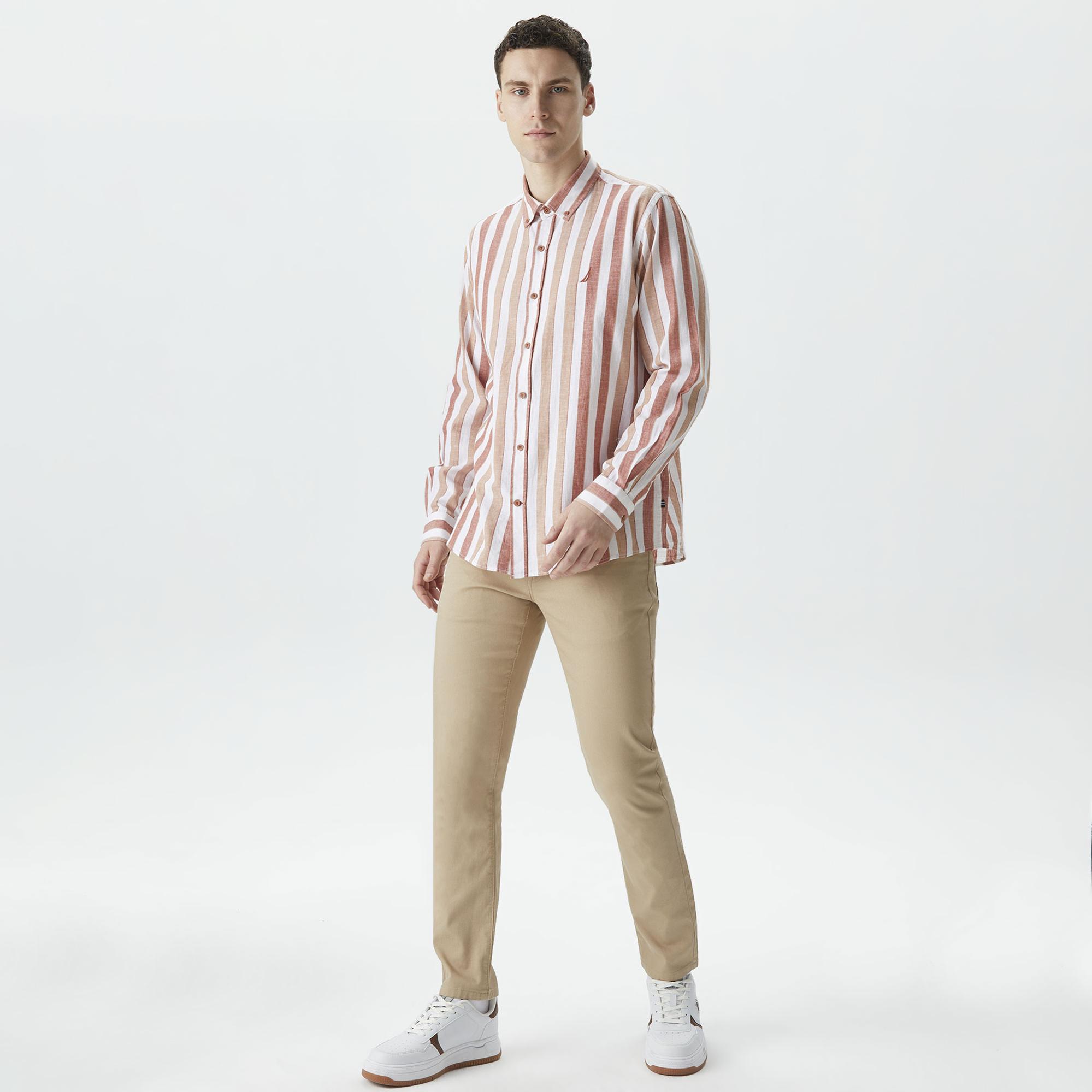 Nautica Erkek Turuncu Classic Fit Uzun Kollu Çizgili Keten Gömlek