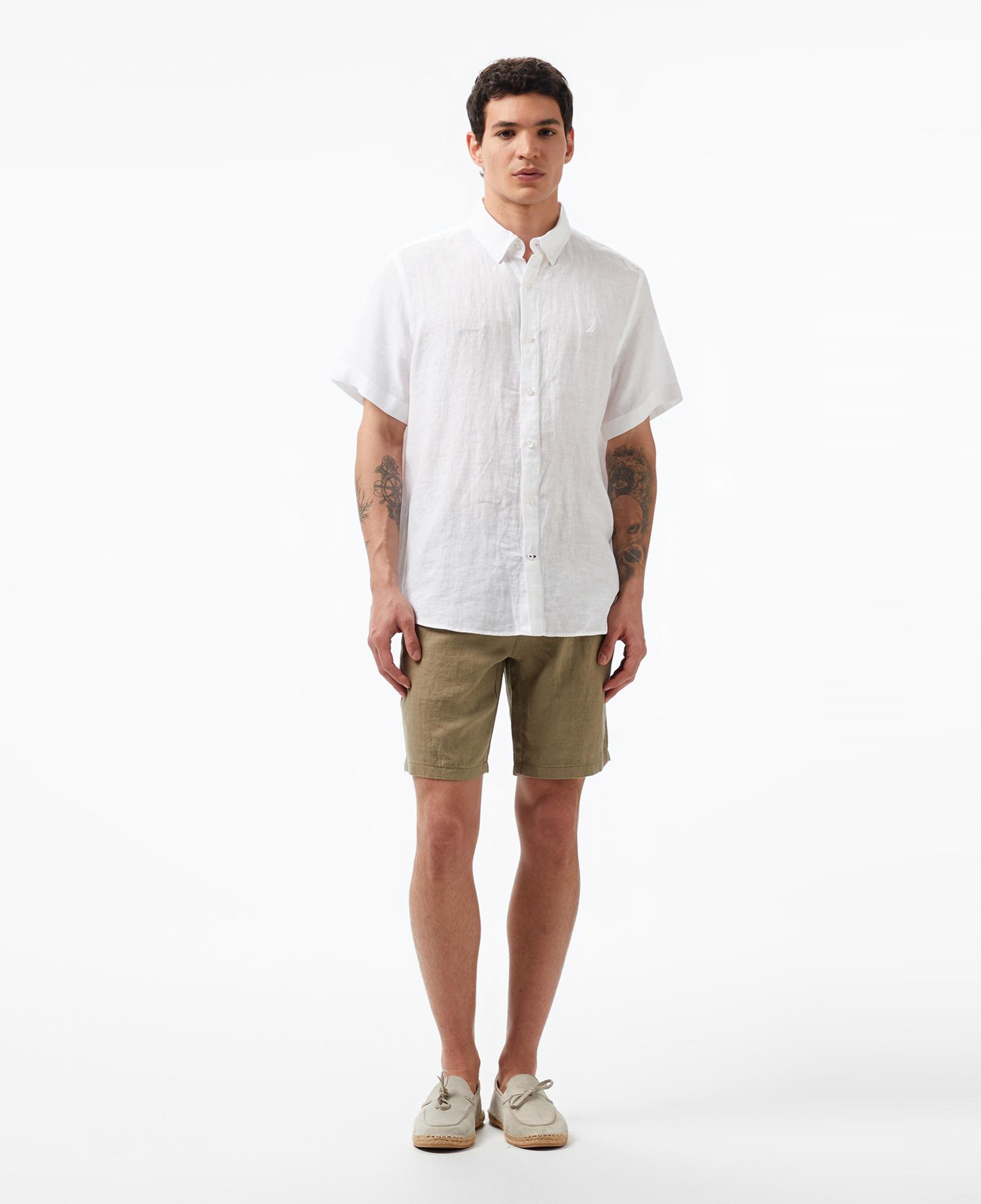 Nautica Erkek Beyaz Classic Fit Kısa Kollu Keten Gömlek