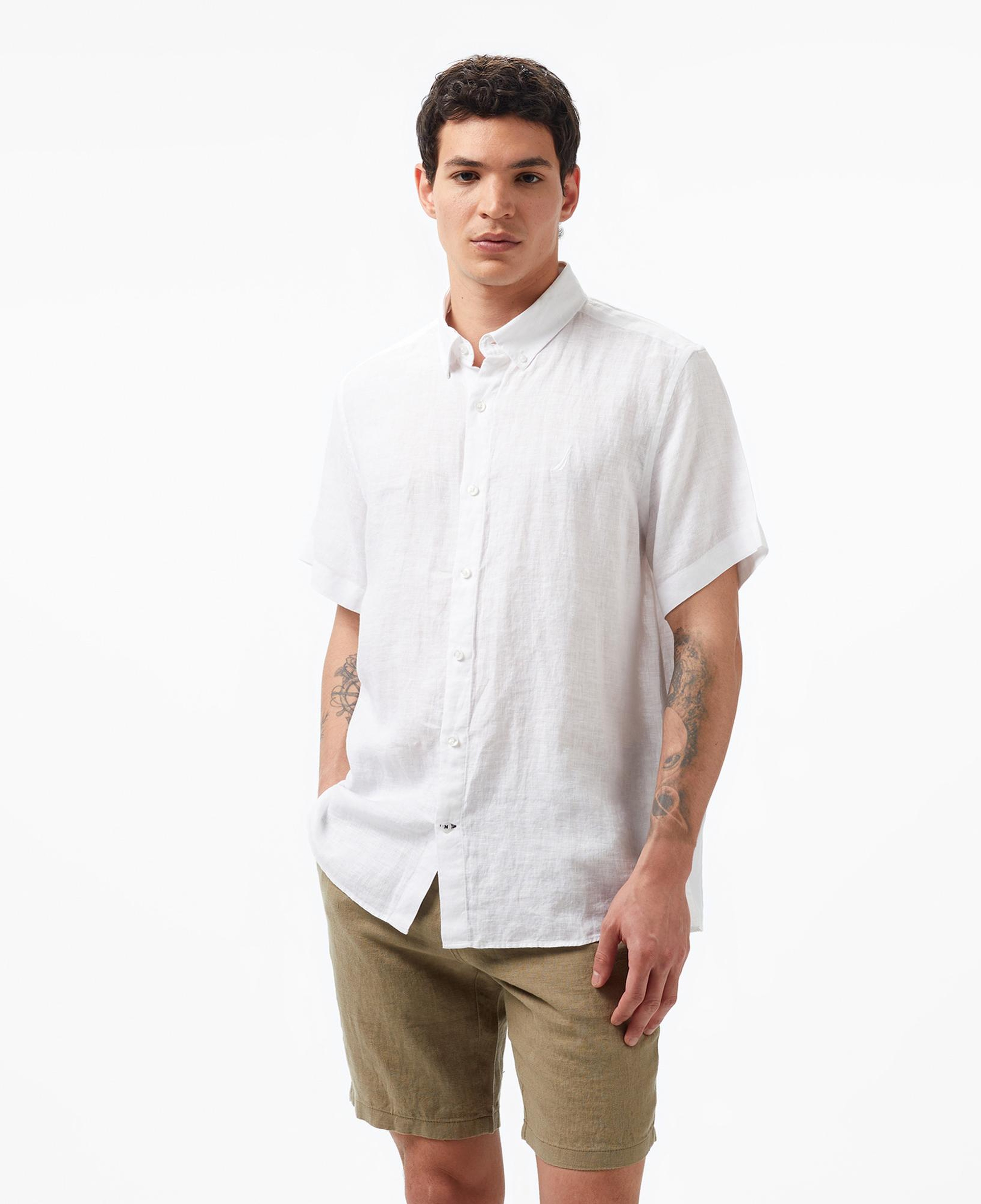 Nautica Erkek Beyaz Classic Fit Kısa Kollu Keten Gömlek