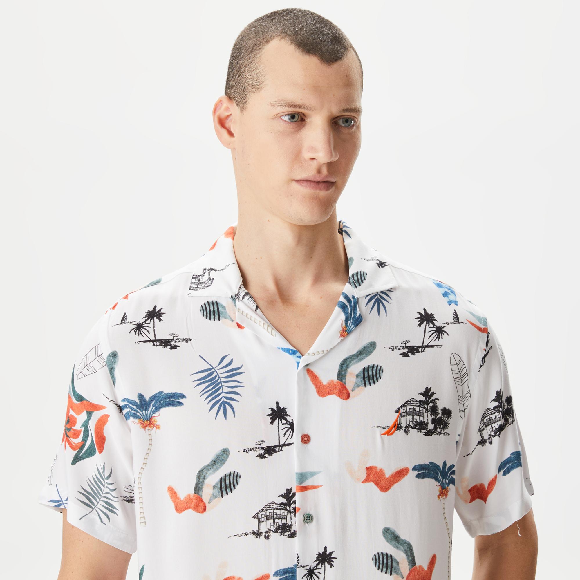Nautica Erkek Beyaz Classic Fit Kısa Kollu Desenli Gömlek