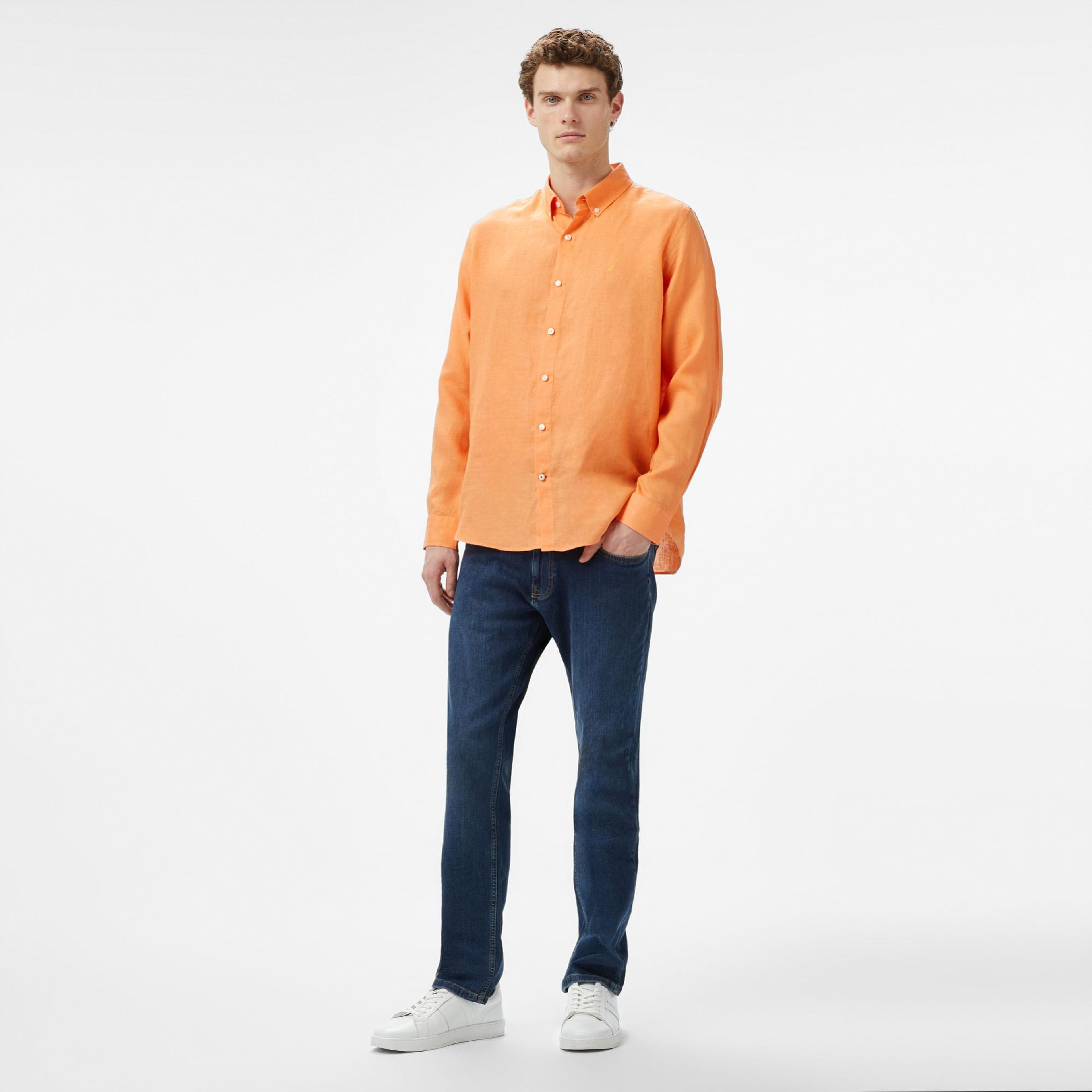 Nautica Erkek Turuncu Classic Fit Uzun Kollu Keten Gömlek