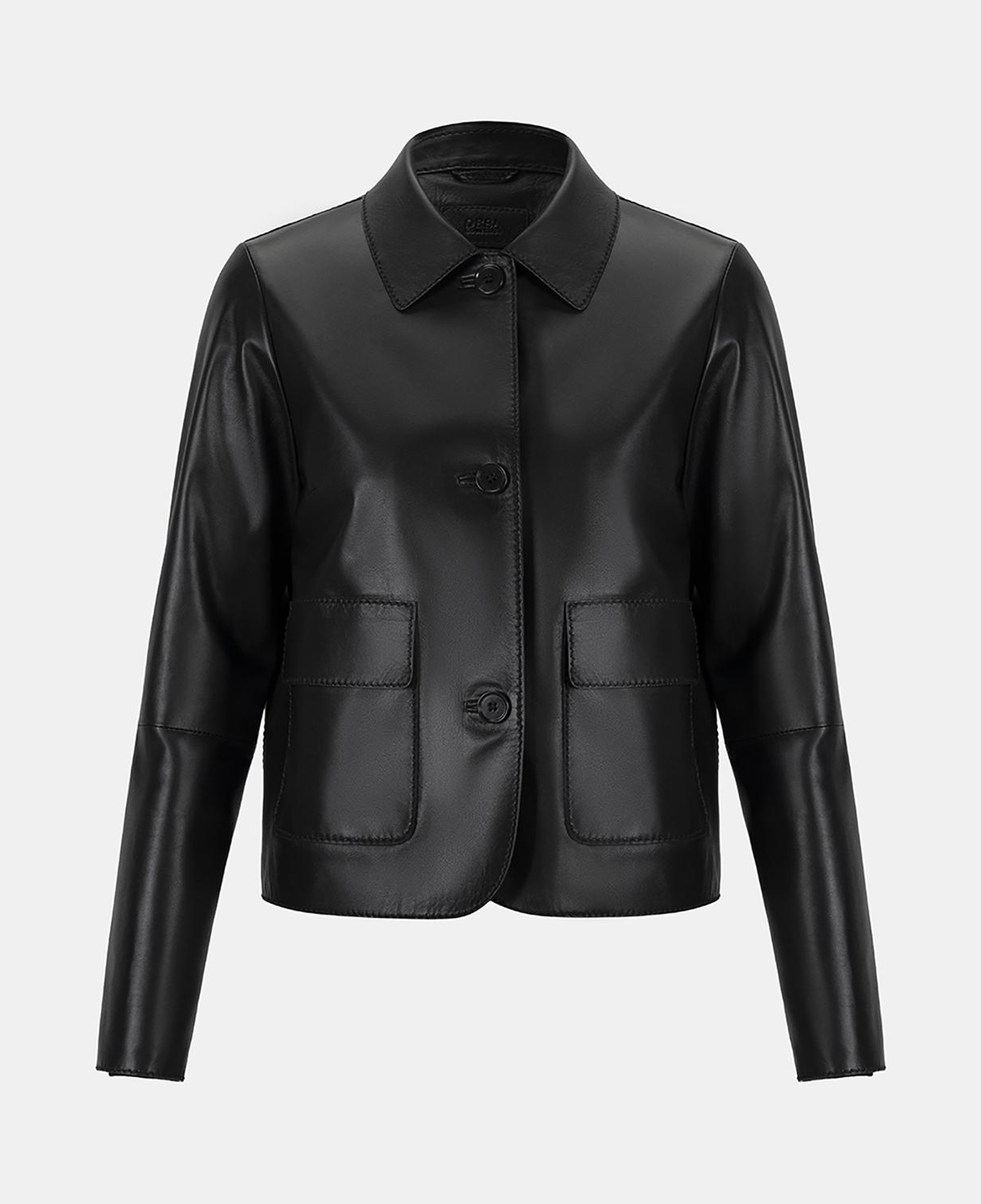 Kadın Siyah Gömlek Yakalı Düğmeli Kısa Deri Ceket