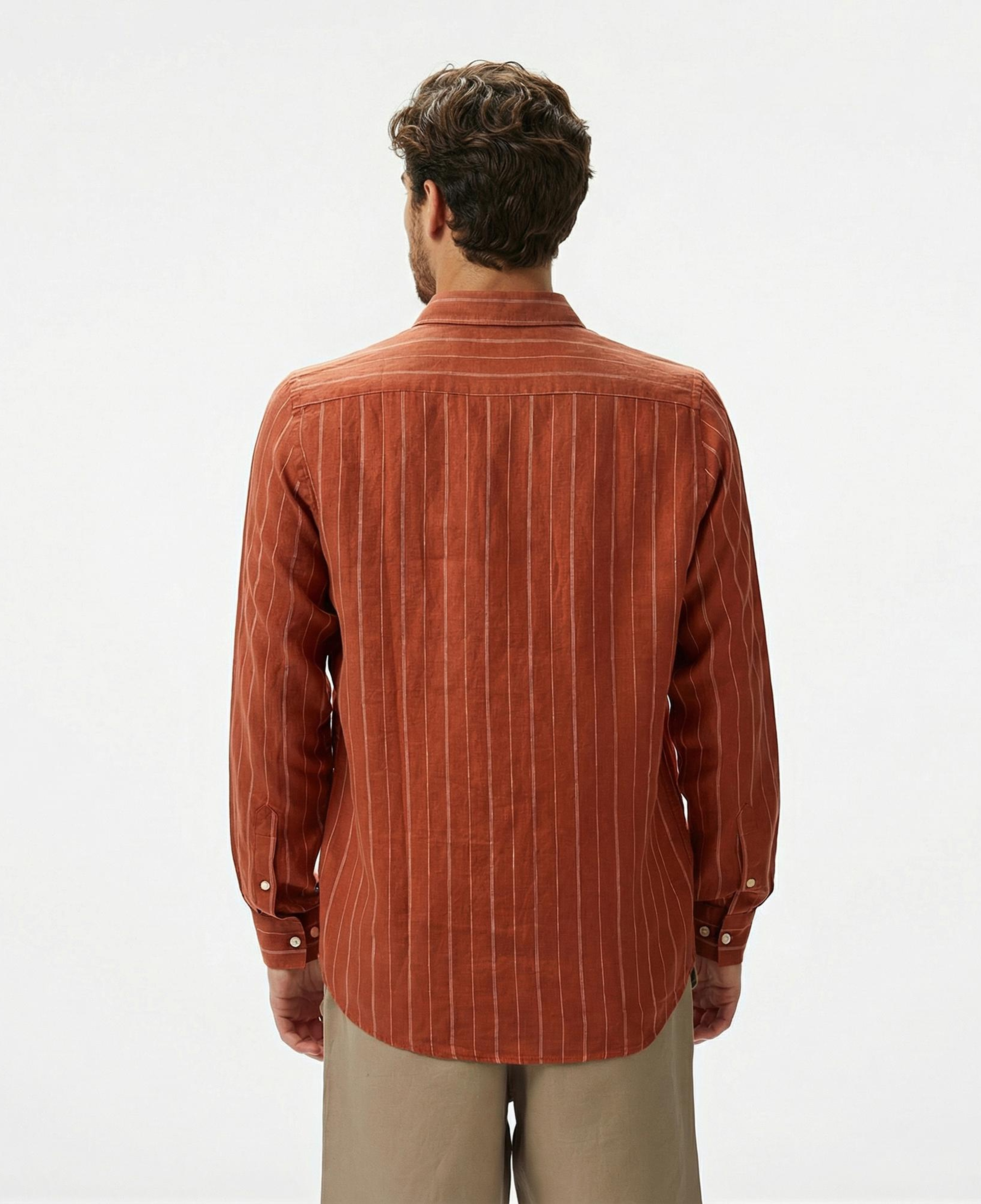 Nautica Erkek Kırmızı Classic Fit Çizgili Keten Gömlek