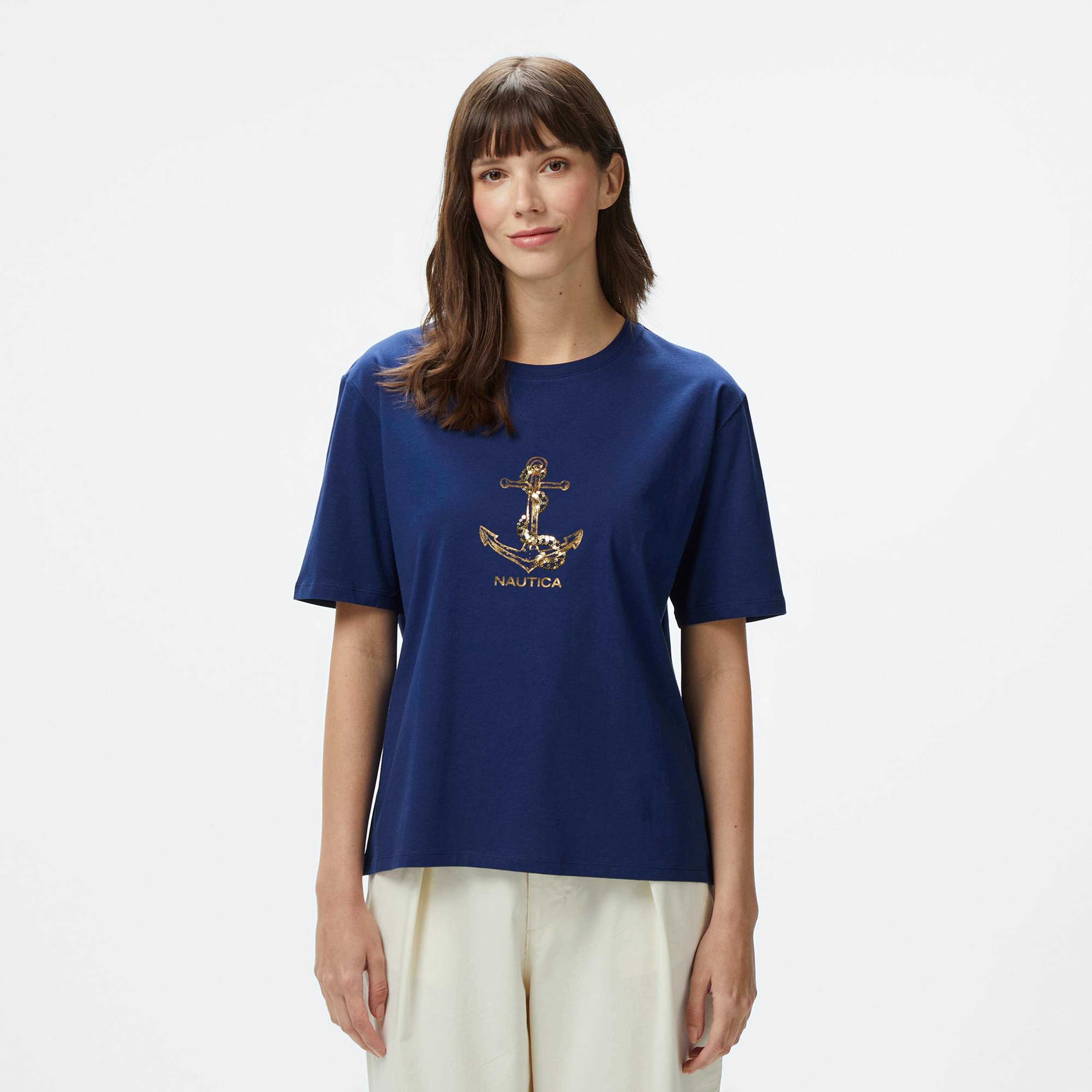 Nautica Kadın Lacivert Regular Fit Nakışlı T-Shirt