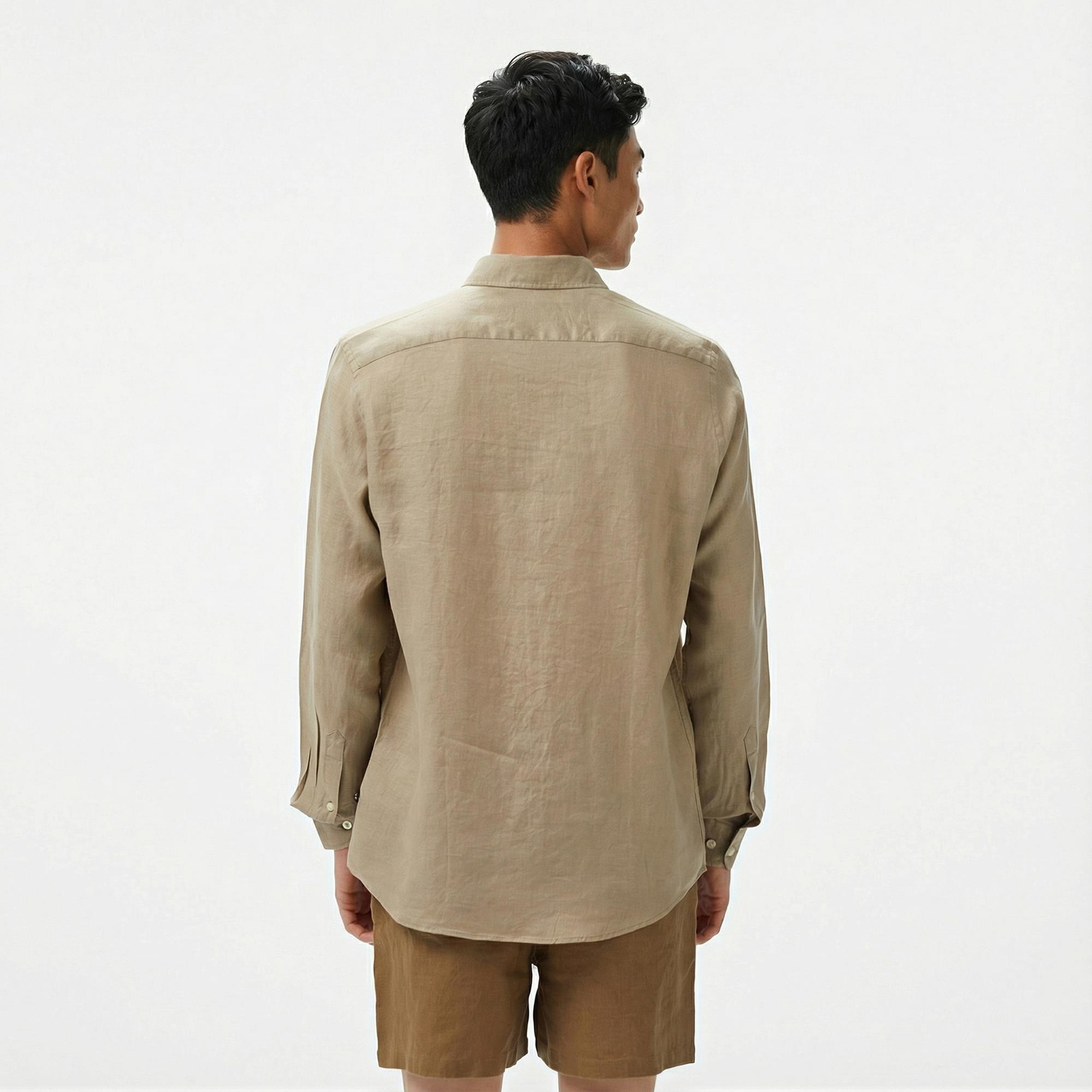 Nautica Erkek Bej Classic Fit Keten Gömlek