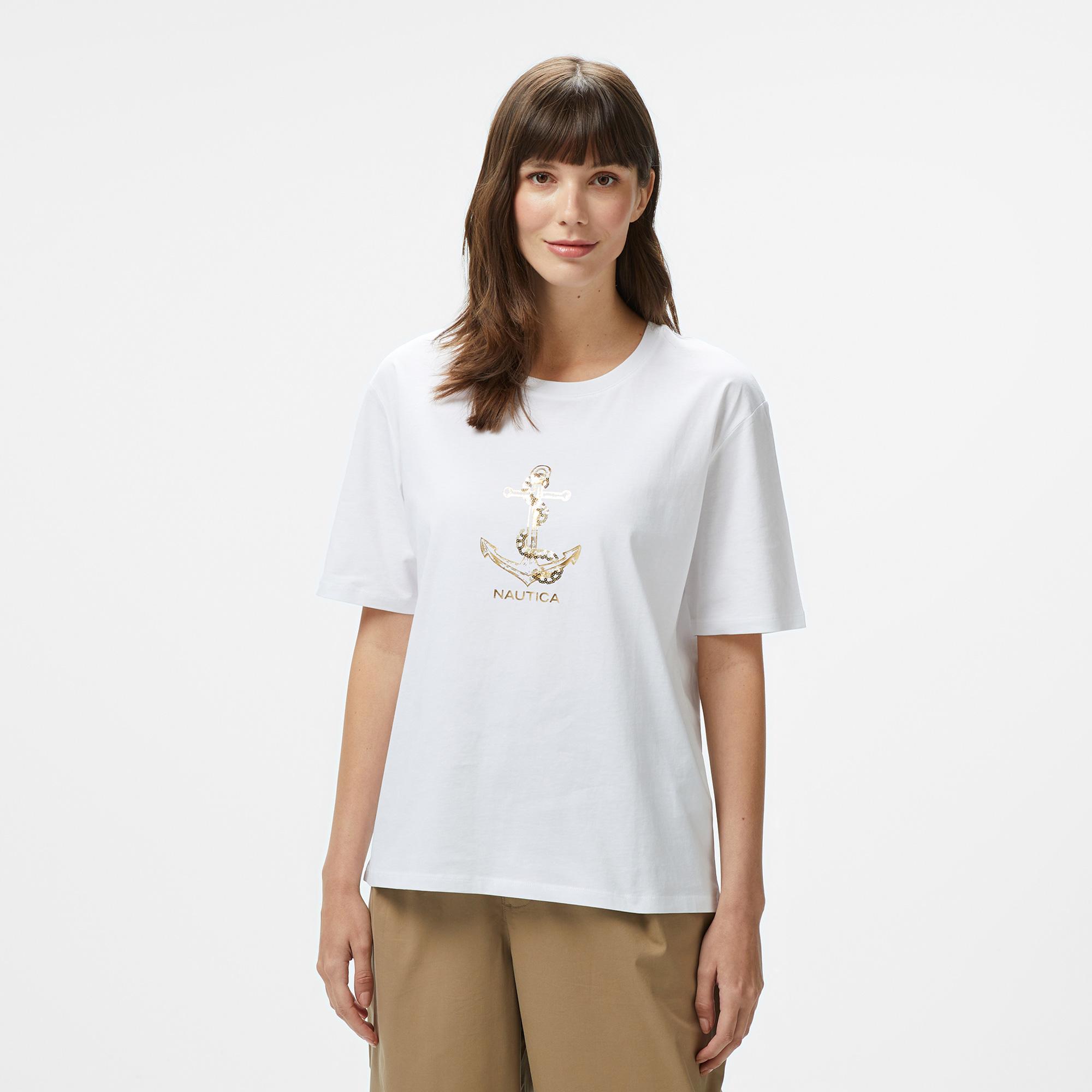 Nautica Kadın Beyaz Regular Fit Nakışlı T-Shirt