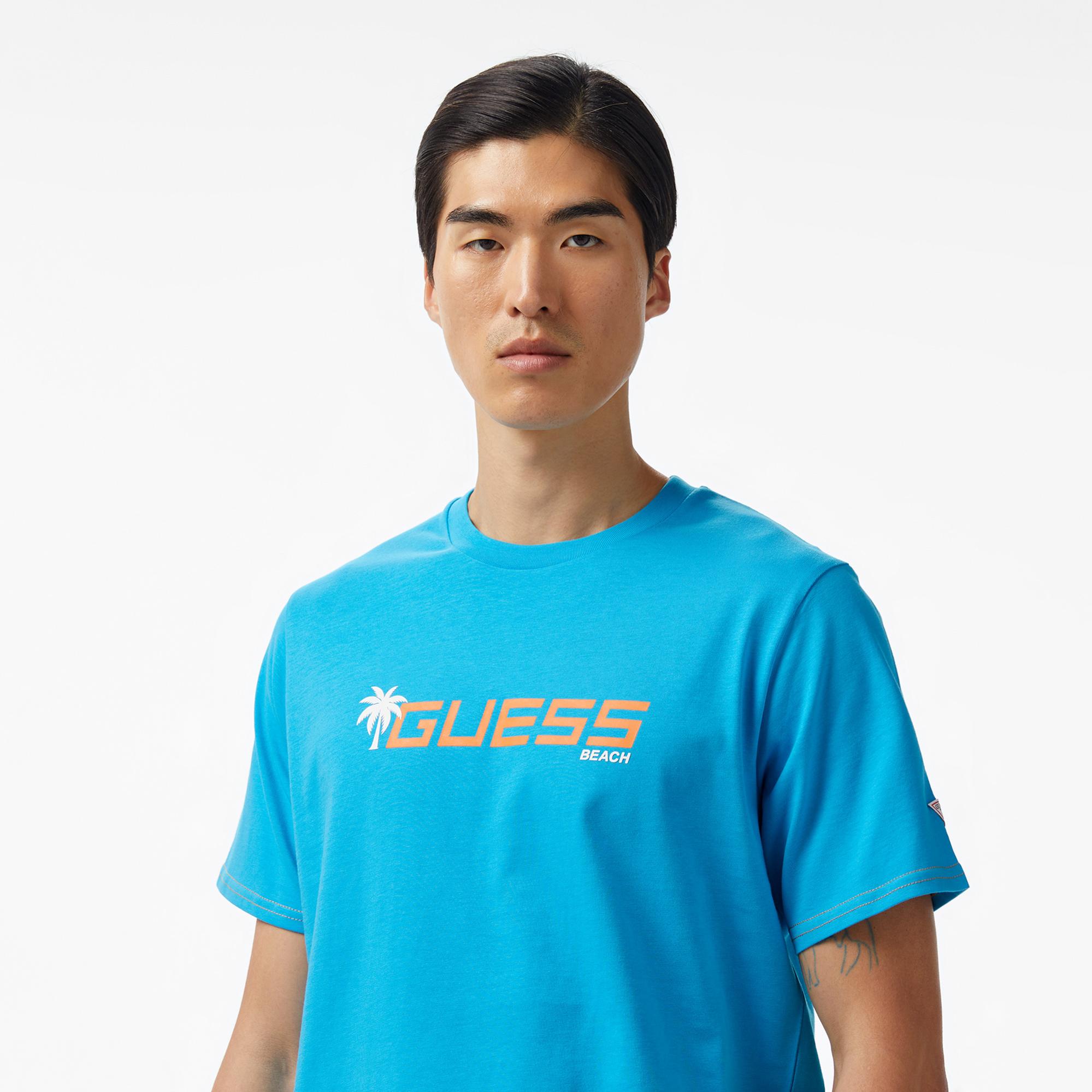 Guess Palm Logo Erkek Mavi T-Shirt