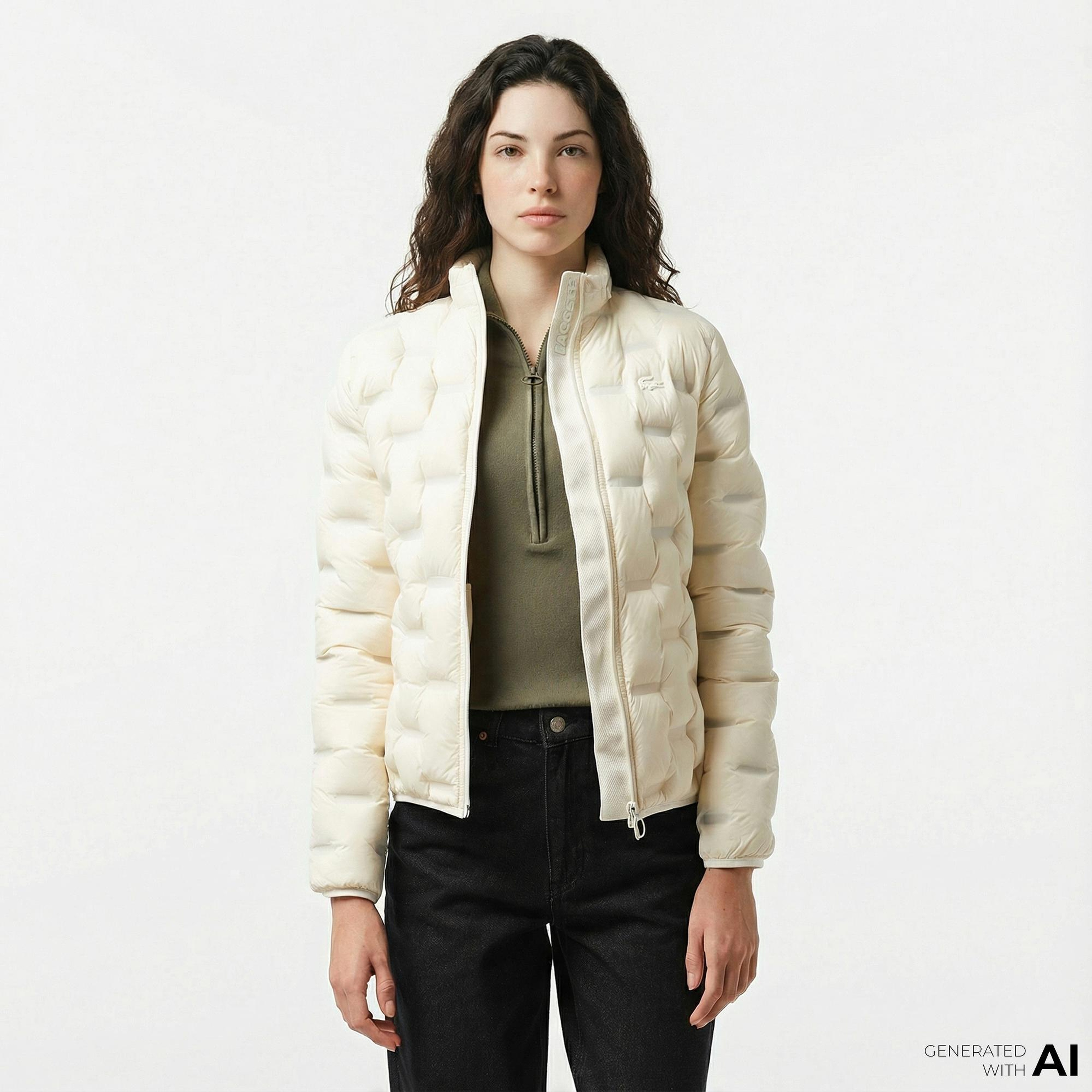 Lacoste Kadın Regular Fit Kapüşonlu Kapitone Beyaz Mont