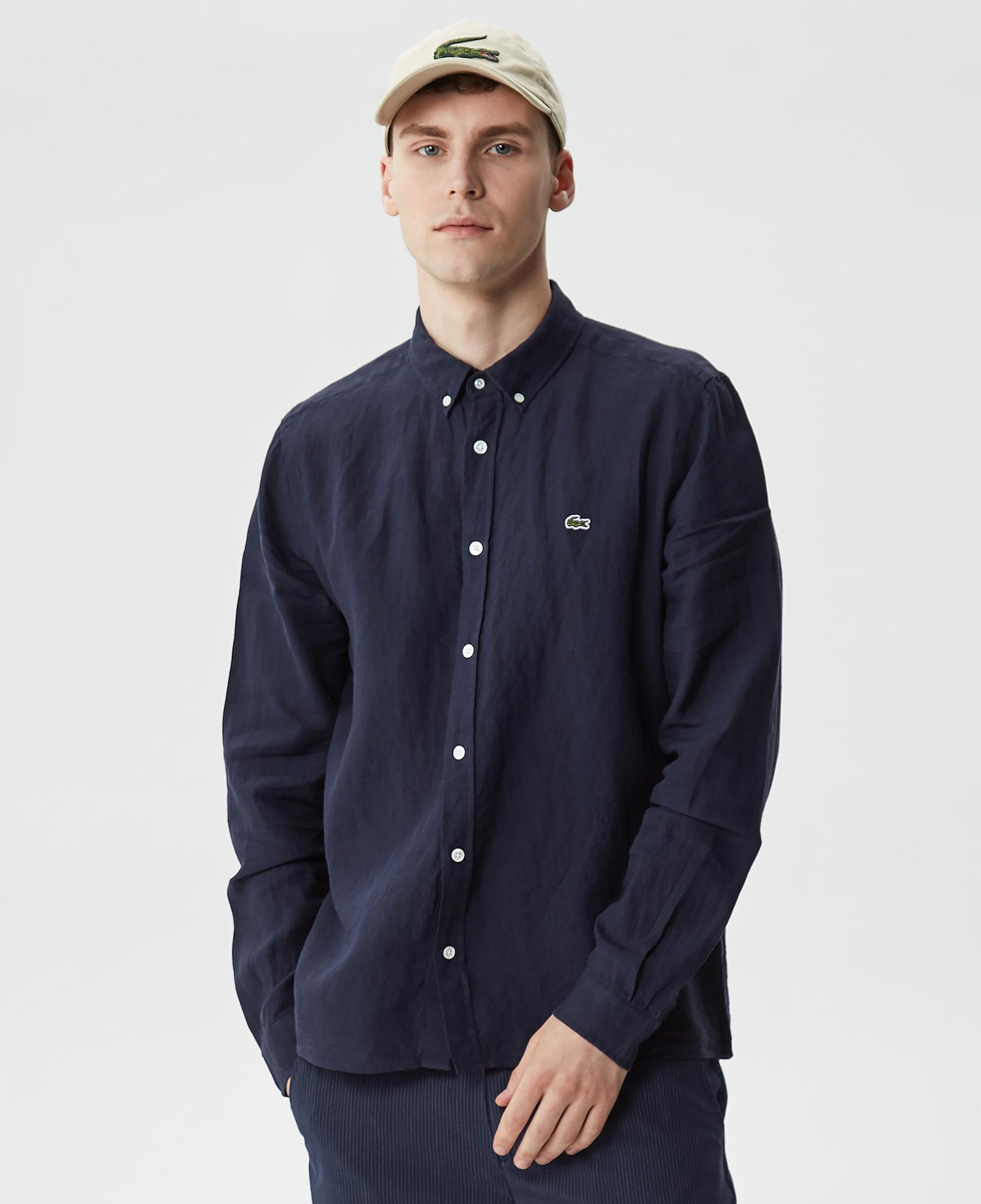 Lacoste Erkek Regular Fit Düğmeli Yaka Keten Lacivert Gömlek