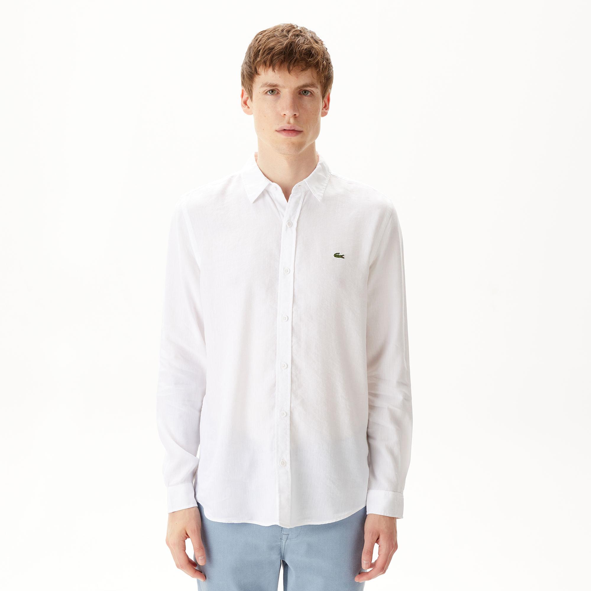 Lacoste Erkek Slim Fit Keten Beyaz Gömlek
