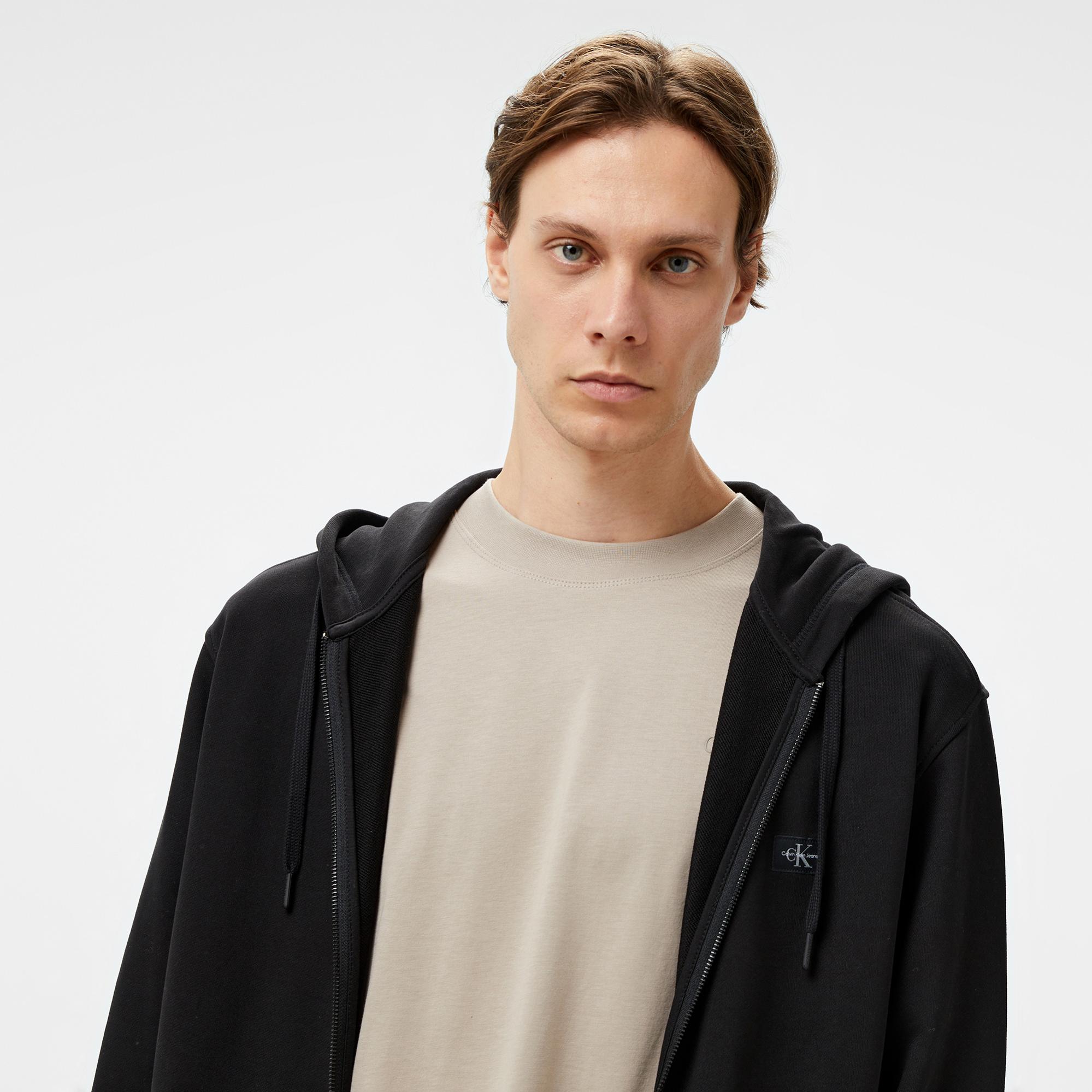 Calvin Klein Jeans Woven Label Zip Through Erkek Siyah Hoodie