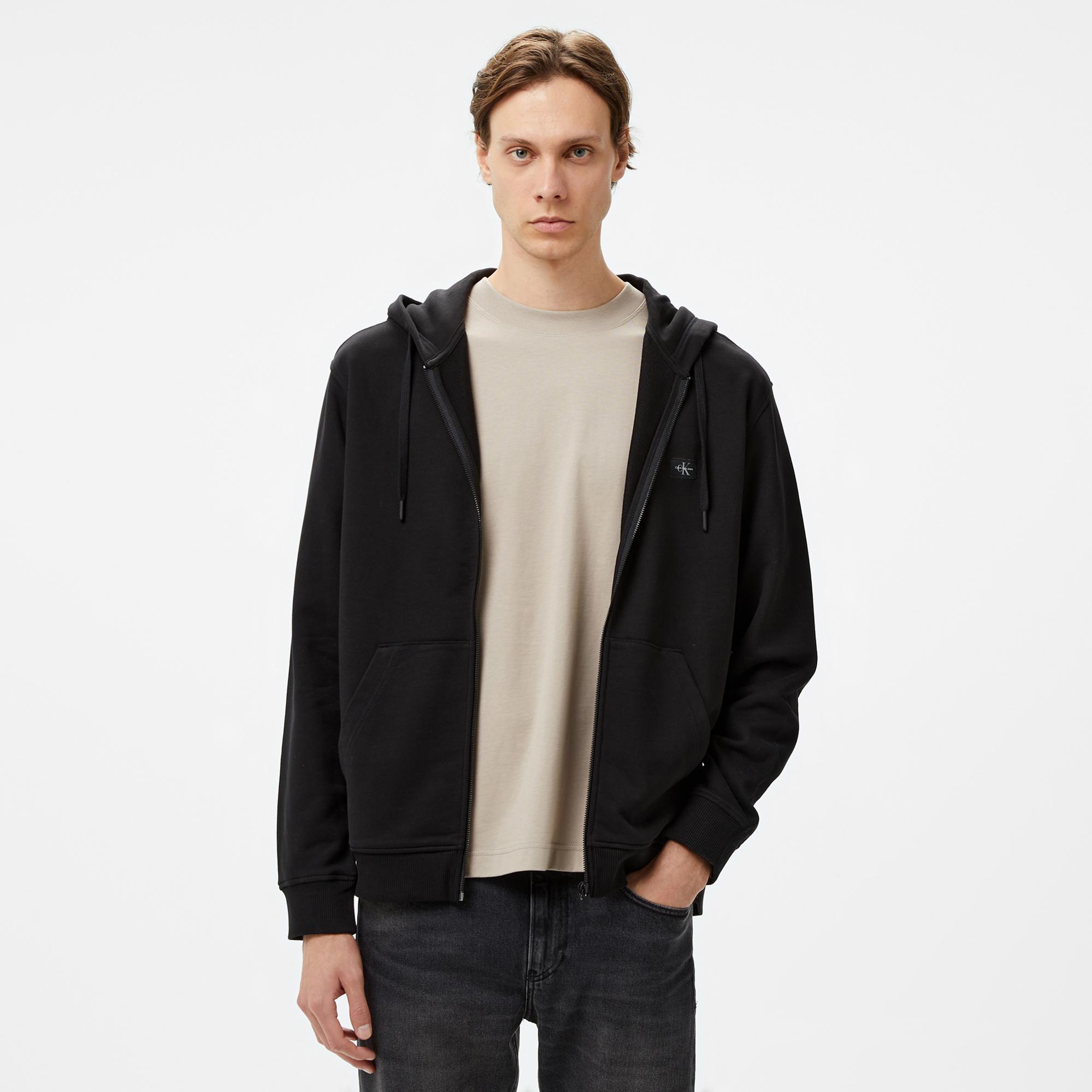 Calvin Klein Jeans Woven Label Zip Through Erkek Siyah Hoodie