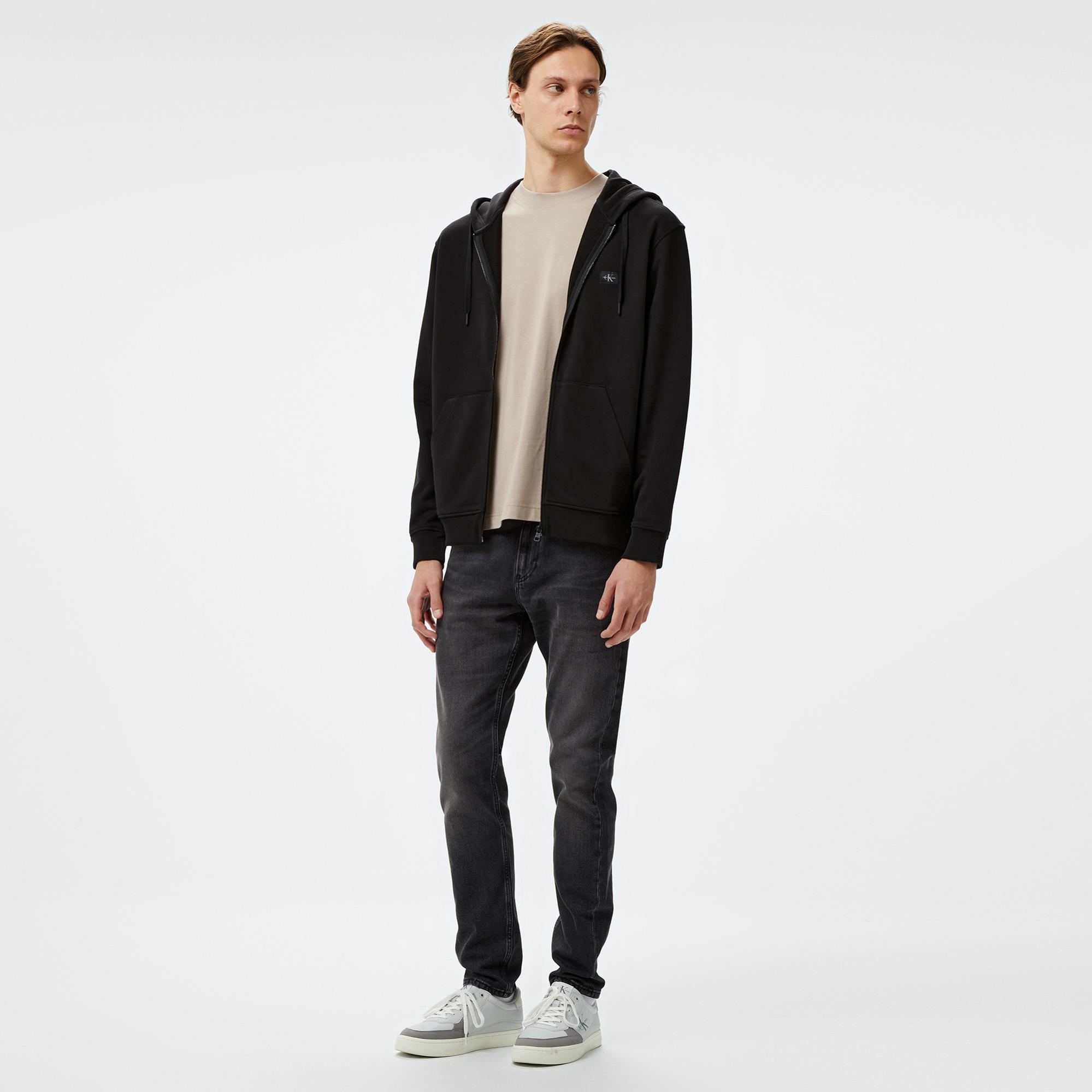 Calvin Klein Jeans Woven Label Zip Through Erkek Siyah Hoodie