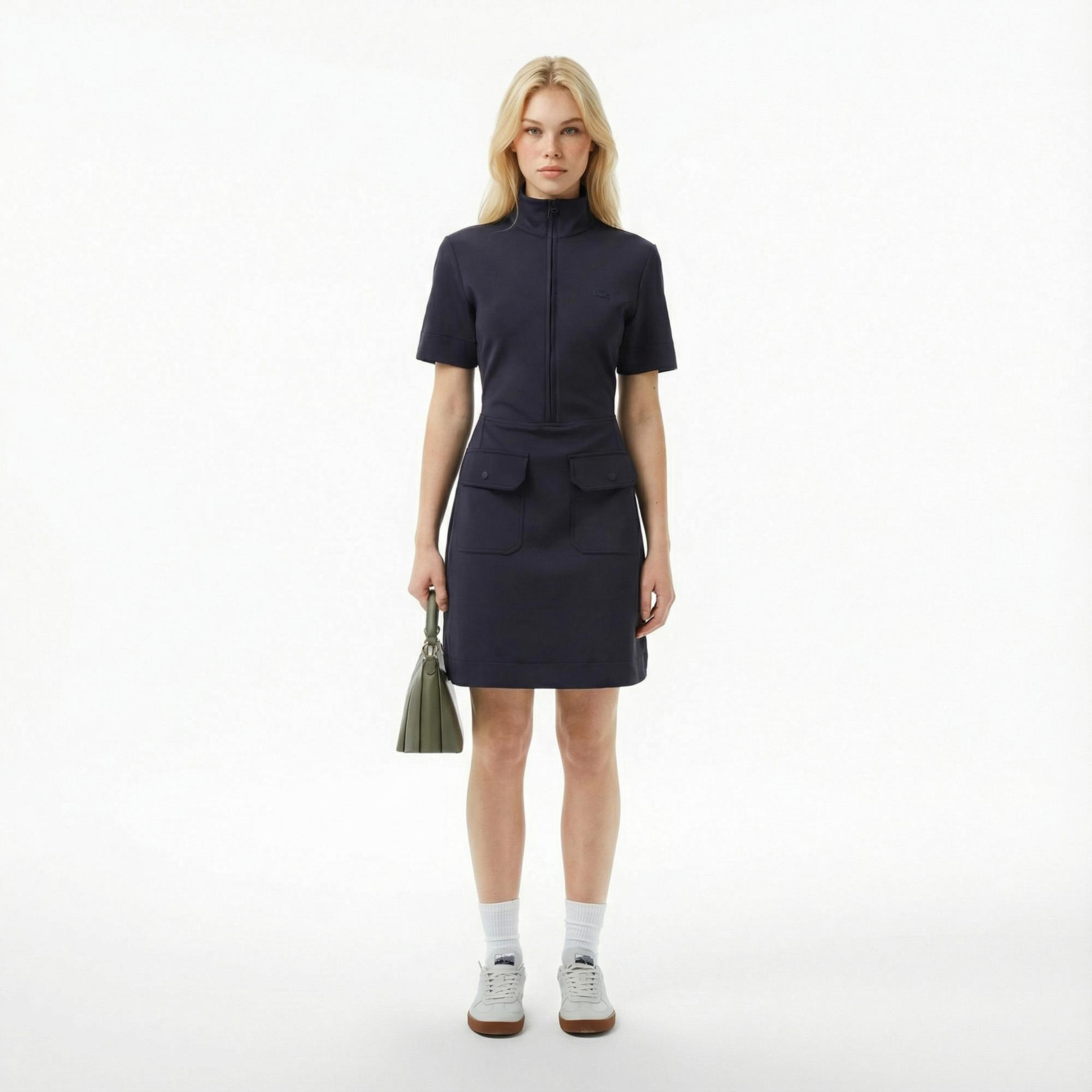 Lacoste Kadın Classic Fit Kısa Kollu Dik Yaka Koyu Mavi Elbise