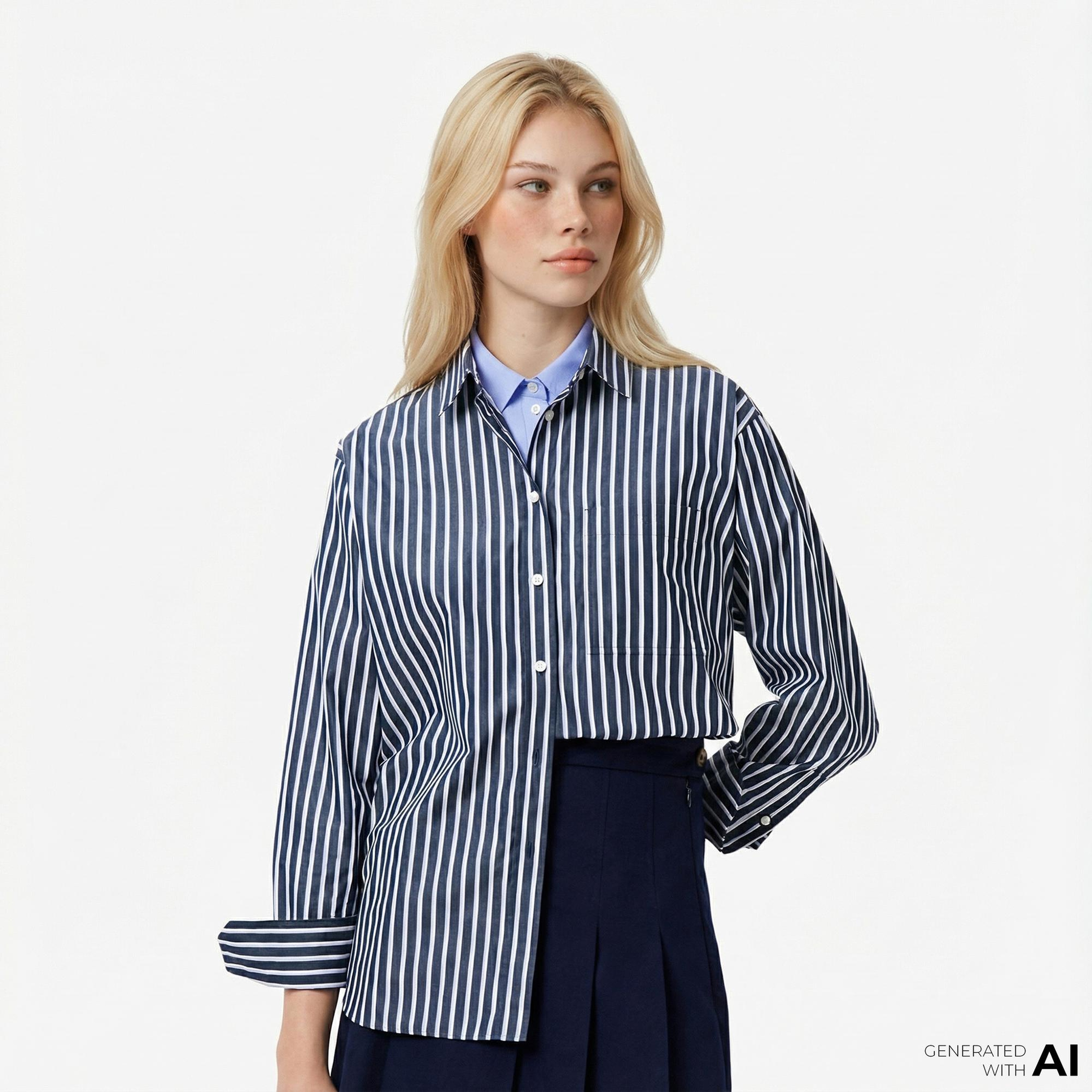 Lacoste Kadın Oversize Fit Düğmesiz Yaka Çizgili Lacivert Gömlek