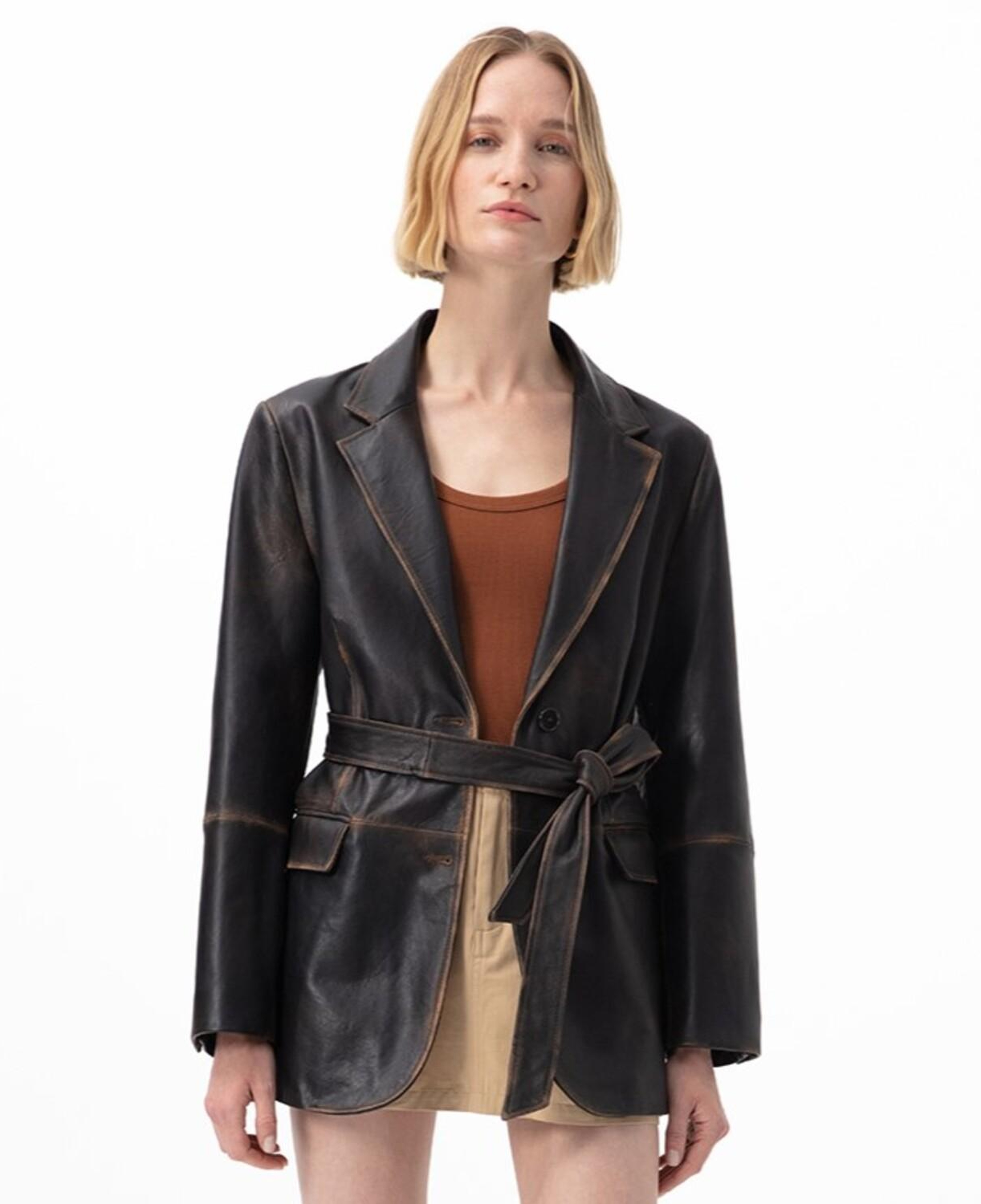 Becka Kahve Kadın Eskitme Blazer Deri Ceket