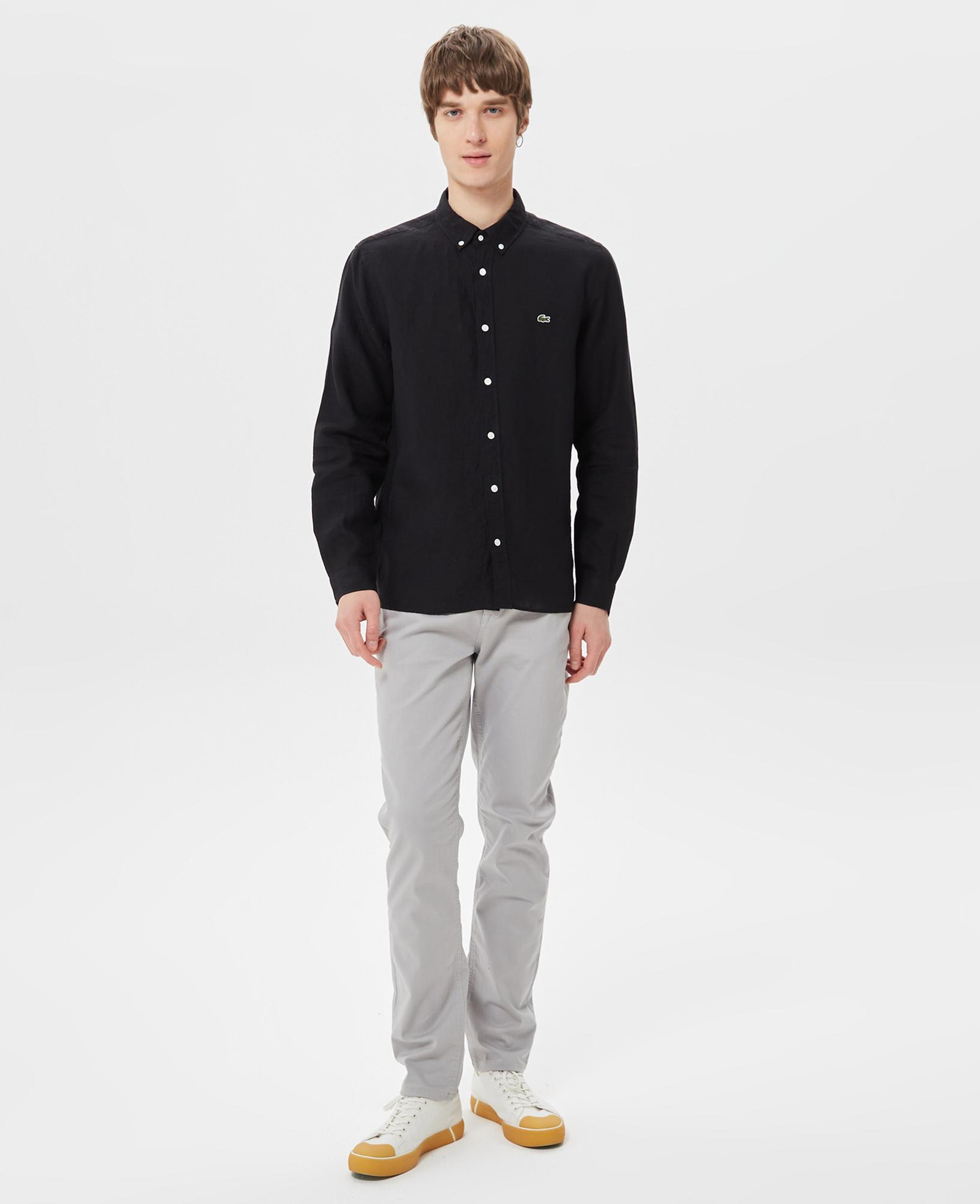 Lacoste Erkek Regular Fit Düğmeli Yaka Keten Siyah Gömlek