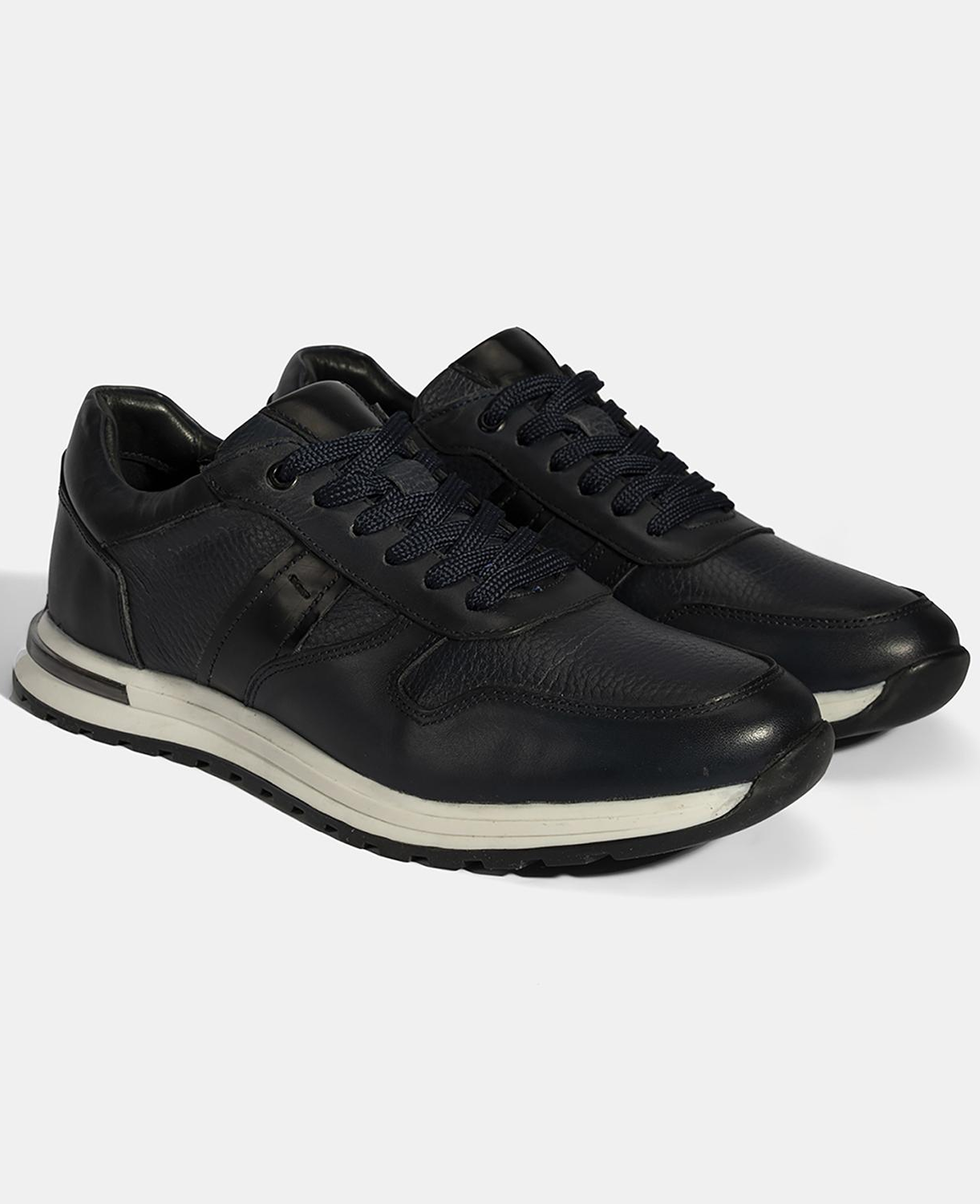Erkek Lacivert Bağcıklı Deri Sneaker