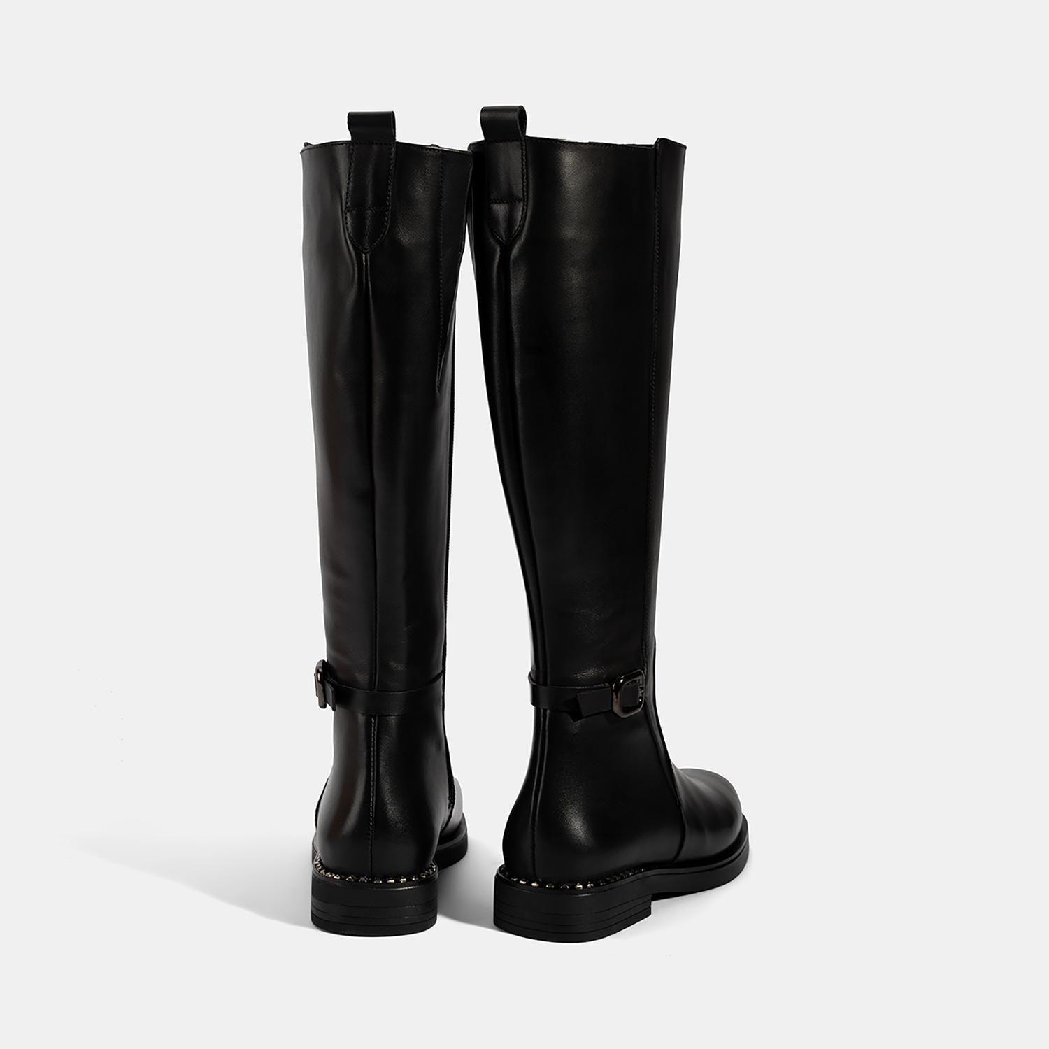 Kadın Siyah Metal Tokalı Kalın Topuklu Deri Çizme