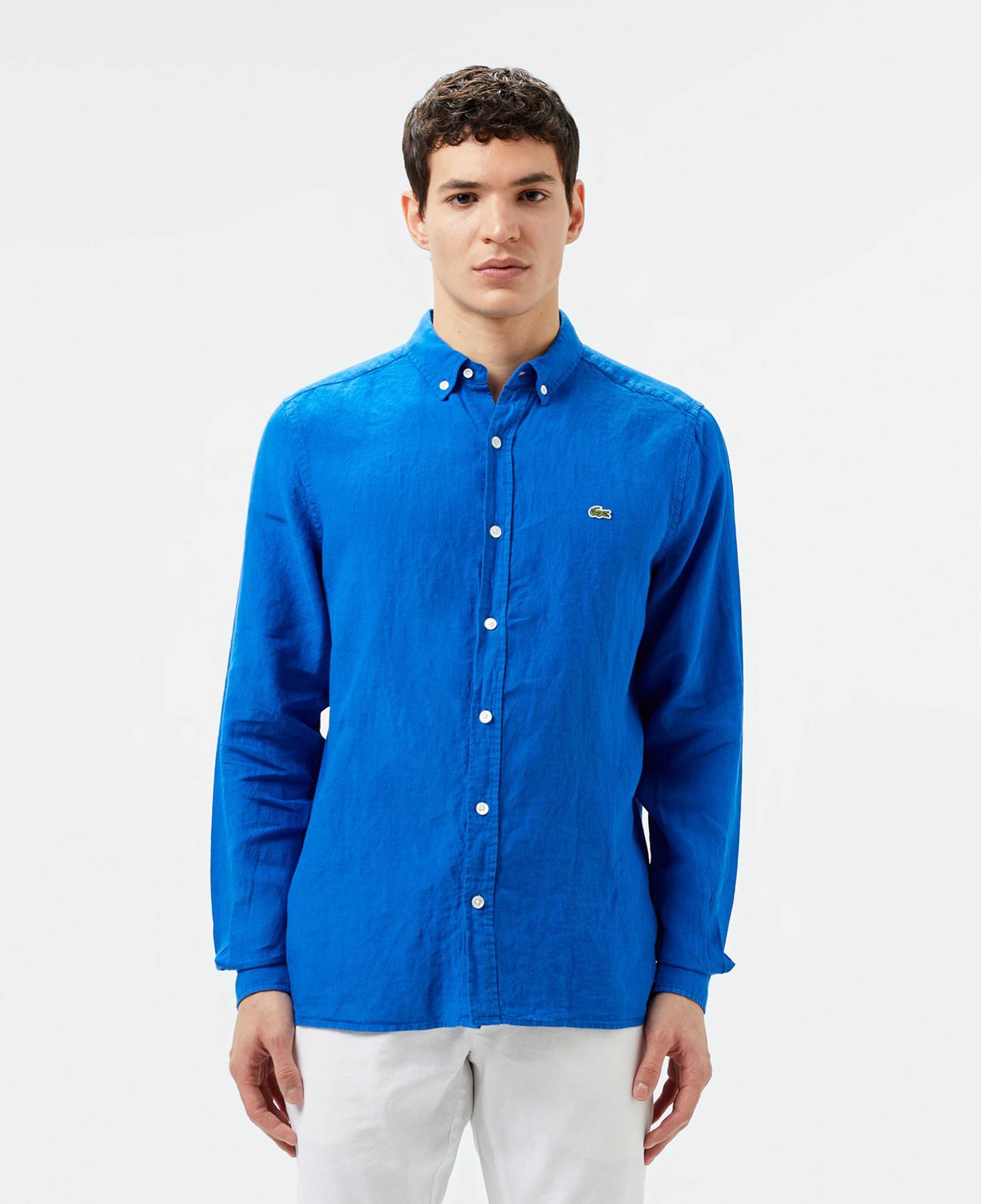 Lacoste Erkek Regular Fit Düğmeli Yaka Keten Mavi Gömlek